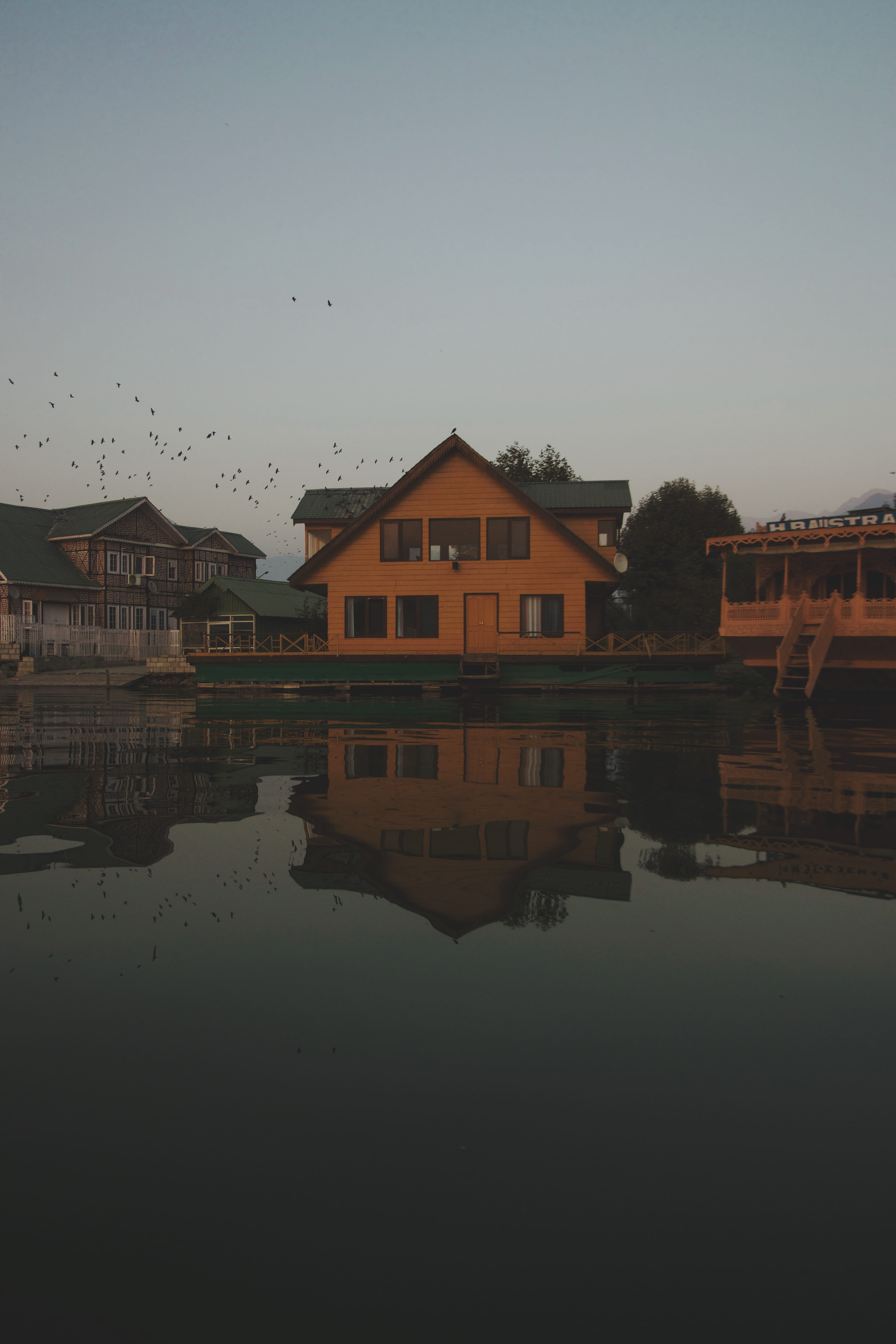 residential district, waterfront, building, clear sky, houseboat, lakehouse, built structure, sky, nigeen lake, building exterior, apartment, house, srinagar, Phone HD Wallpaper