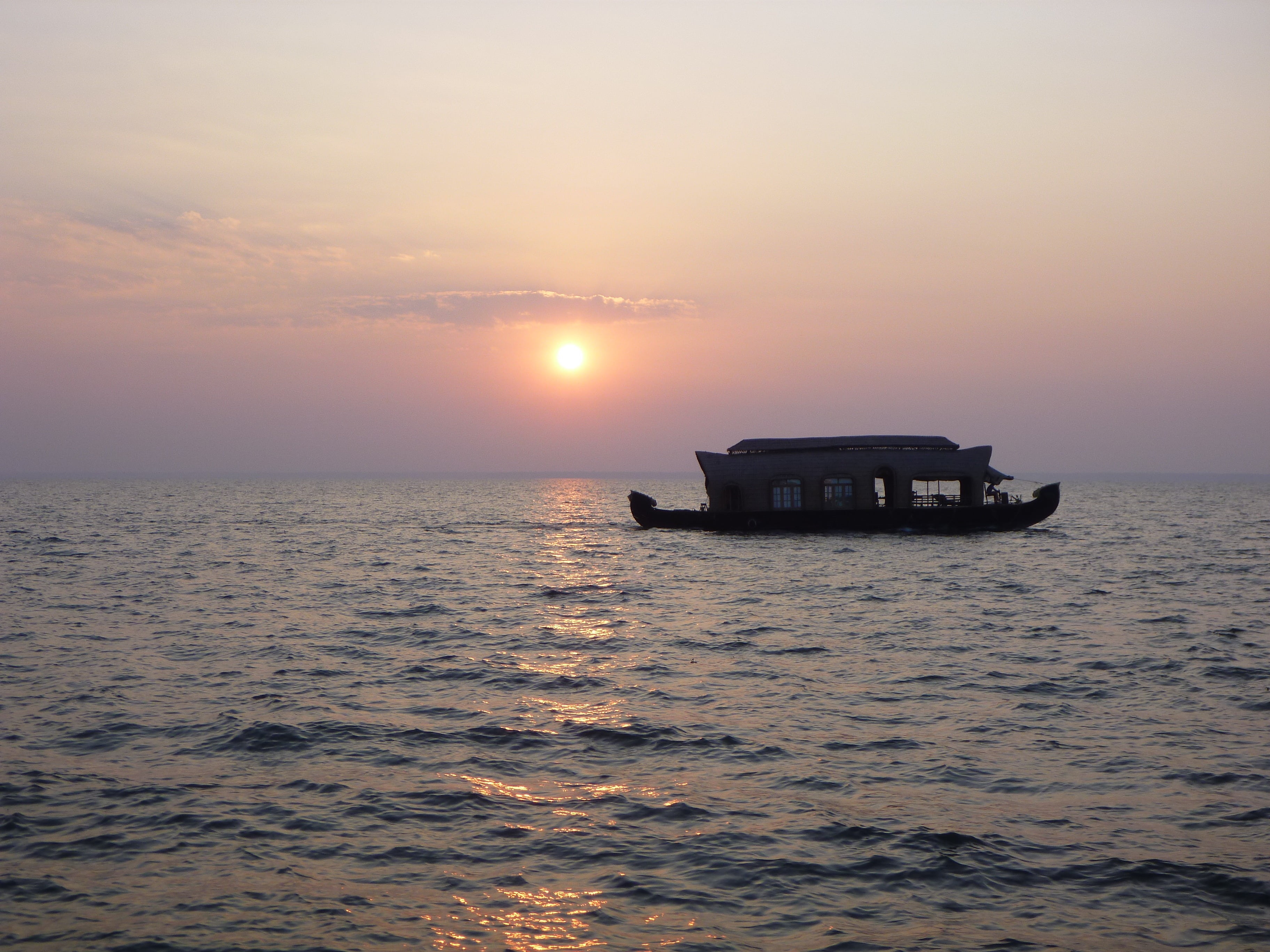 sun, tourism, backwaters, beauty in nature, scenics - nature, no people, tranquility, horizon, sea, golden, waterfront, sunset, floating, water, nautical vessel, HD Wallpaper