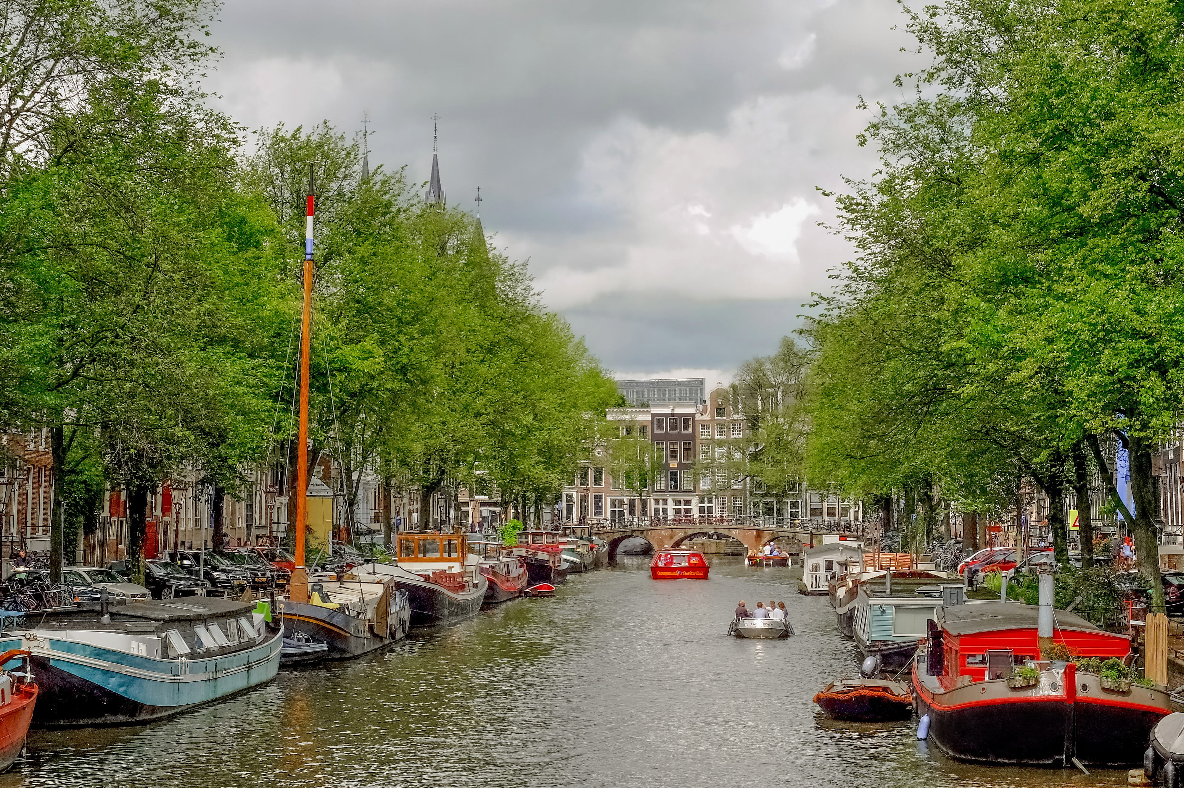 architecture, incidental people, sky, mode of transportation, canal, building exterior, barge, cloud - sky, europe, holland, moored, day, in a row, transportation, HD Wallpaper