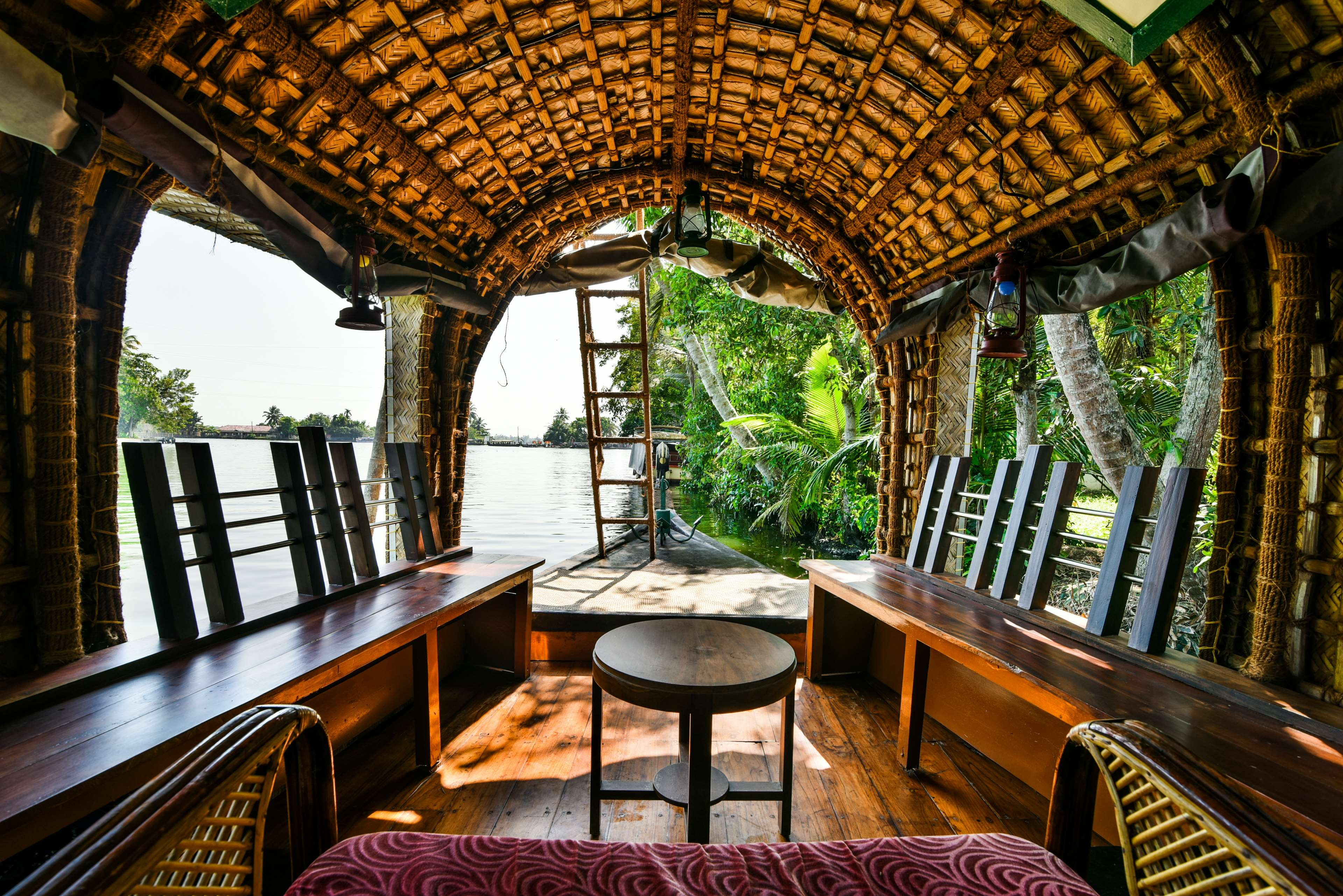 built structure, tree, coconut, architecture, lake, landscape, tourist, building, indoors, house boat, transportation, seat, chair, backwater, absence, HD Wallpaper