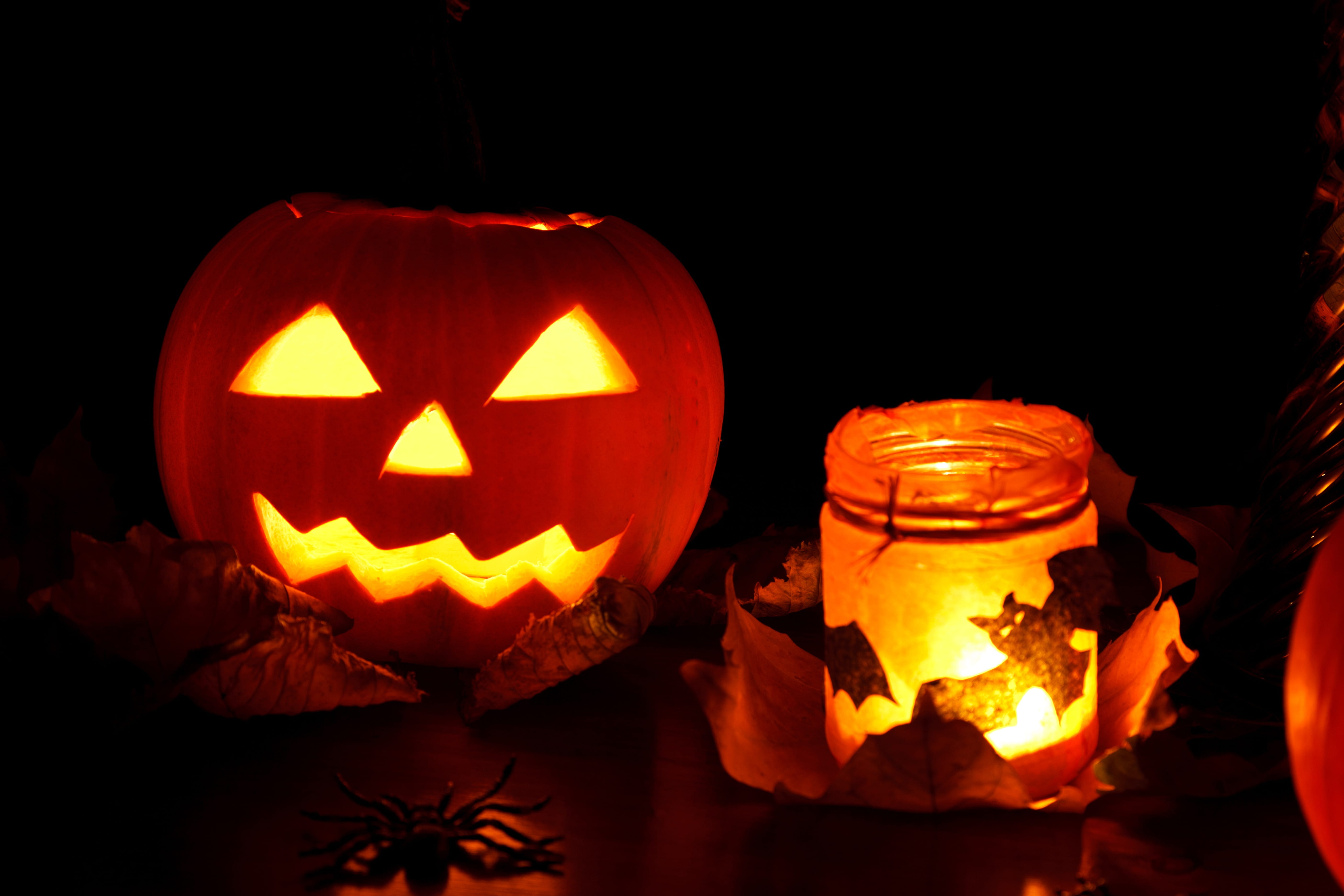 orange color, jack, candle, october, 5K, dark, season, lighting equipment, creativity, black background, o, jar, halloween, art and craft, decoration, HD Wallpaper