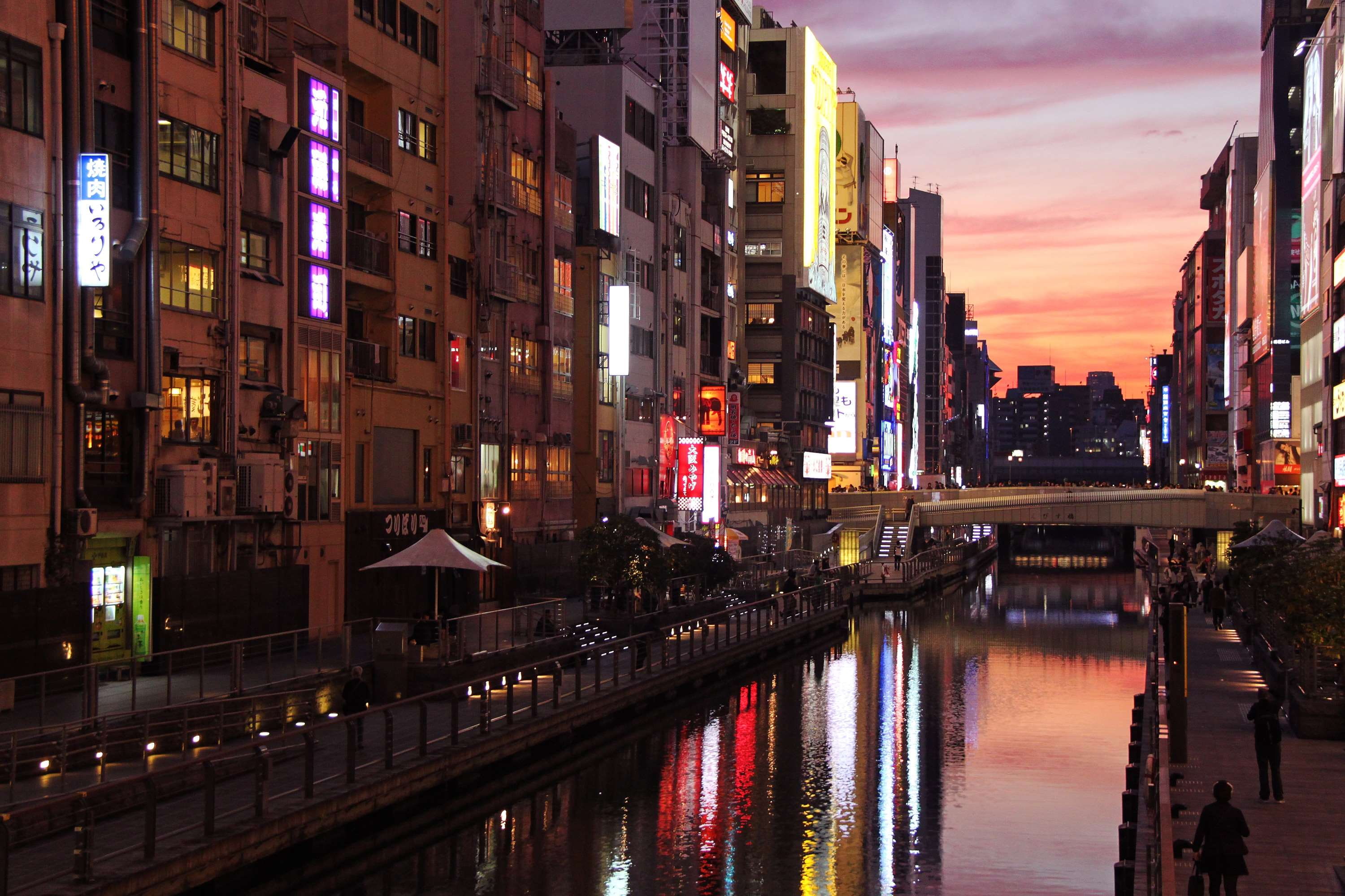 sunset, shopping, romance, sky, asian, illuminated, building, food, lovely, cloud - sky, office building exterior, residential district, japan, bright, HD Wallpaper