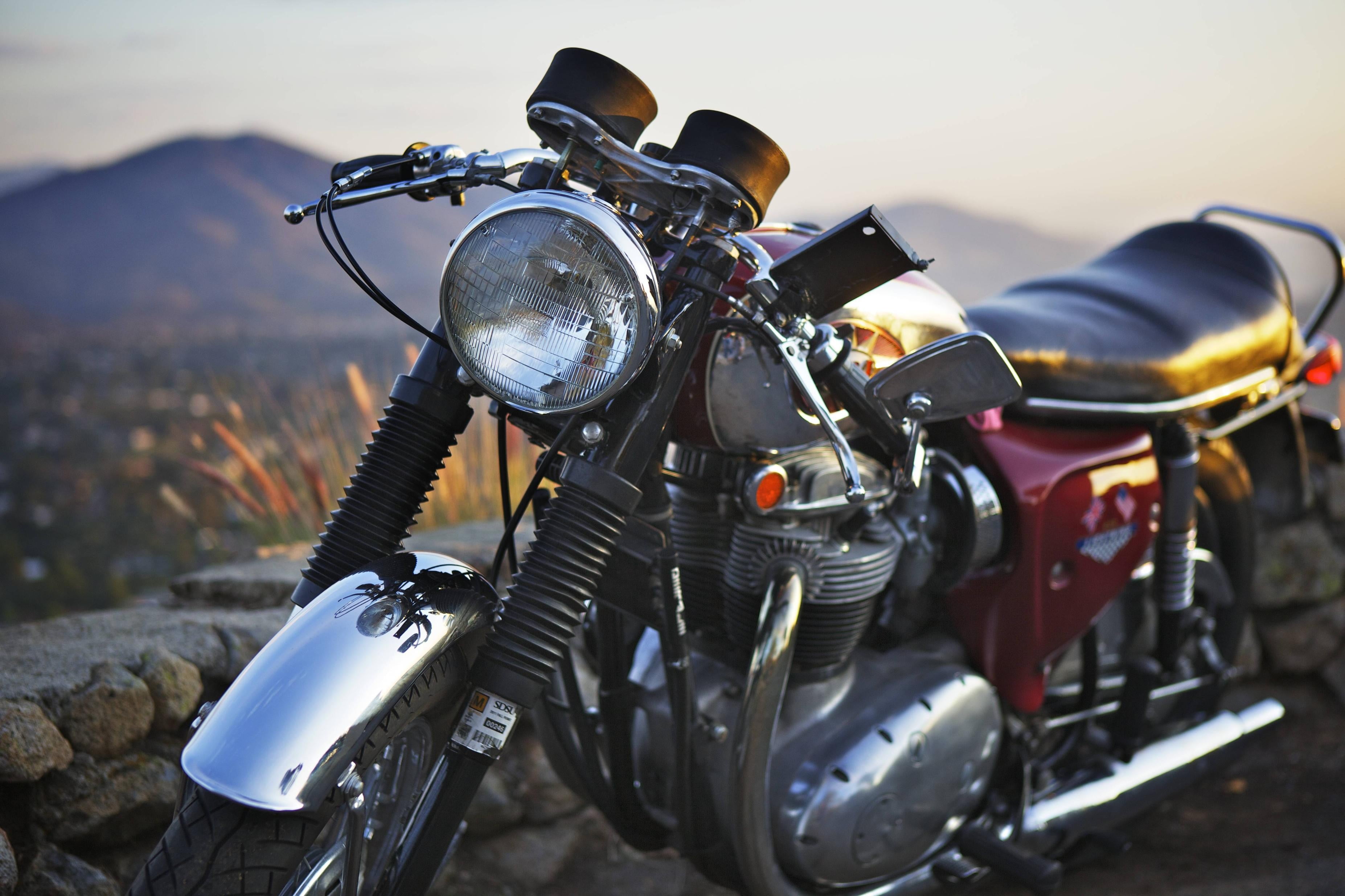 land vehicle, chrome, helmet, 2K, mode of transportation, nature, handlebar, retro styled, motorcycle, black color, bicycle, red, headlight, transportation, HD Wallpaper