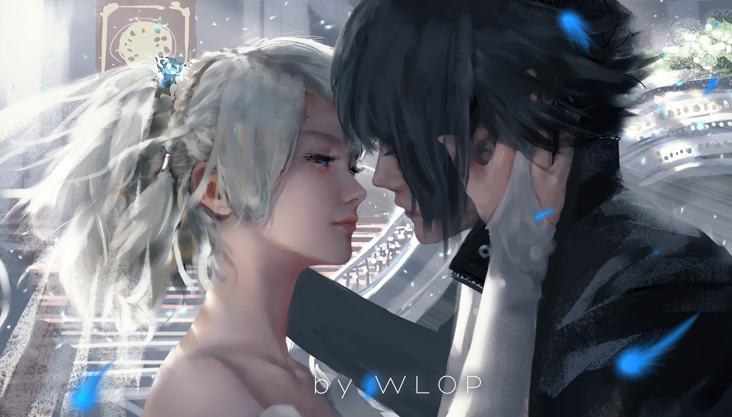 art, fantasy, boy, game, 2K, girl, Final Fantasy XV, artwork, mood, blue eyes, hug, painting, fantasy art, love, feeling, Luna, Noctis, Wlop, touching them, HD Wallpaper