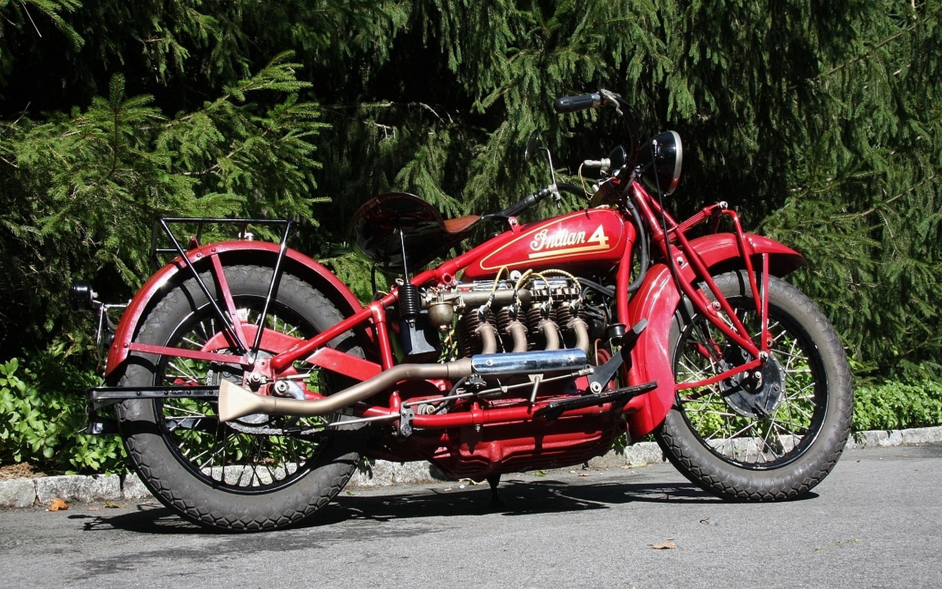 cruiser, wheel, street, 1080P, plant, vintage, stationary, motorcycle, growth, parking, transportation, Indian 4, outdoors, day, red, road, chrome, no people, HD Wallpaper