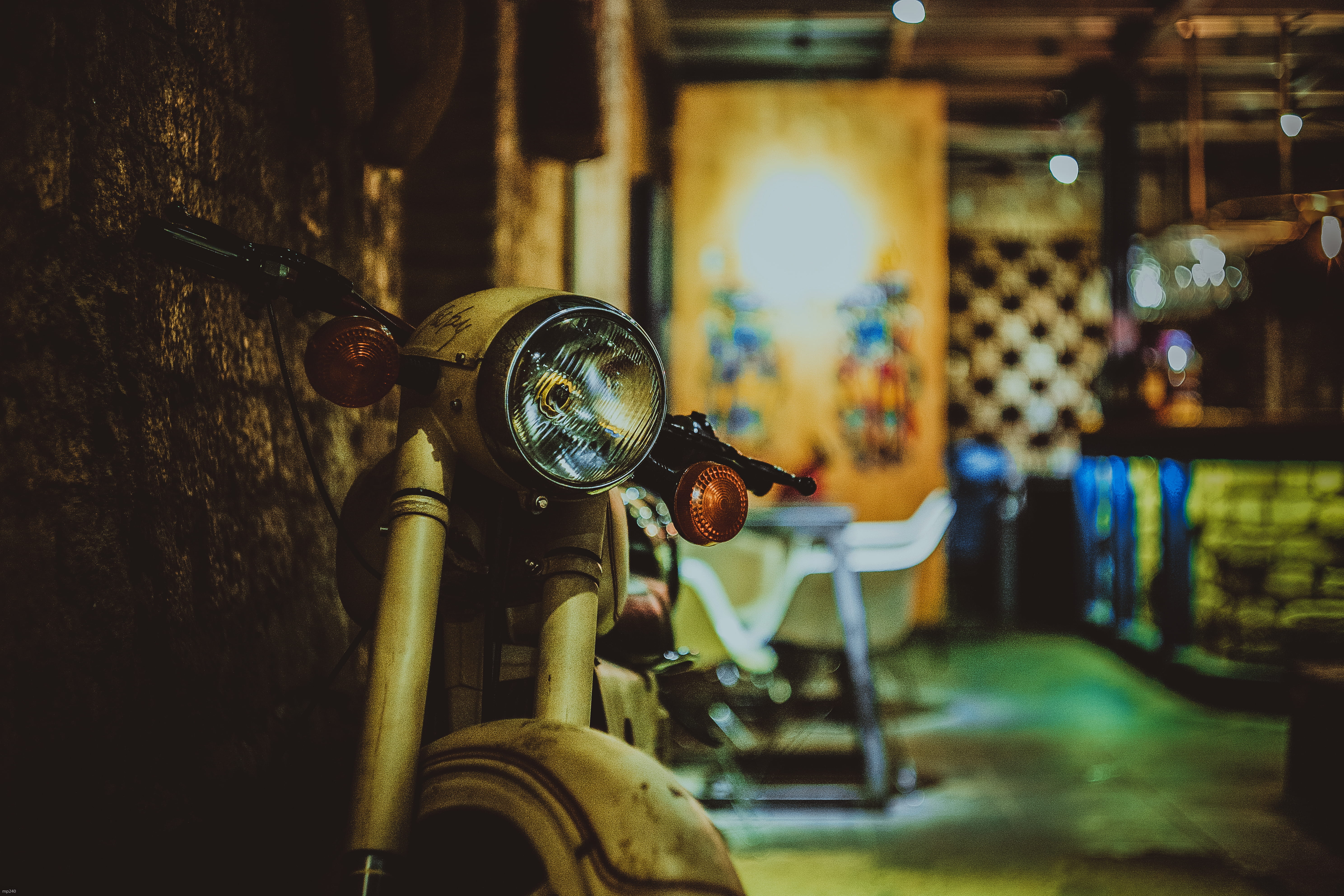 focus on foreground, retro styled, motorbike, vintage, illuminated, motorcycle, drink, land vehicle, selective focus, scooter, old, 5K, no people, mode of transportation, HD Wallpaper
