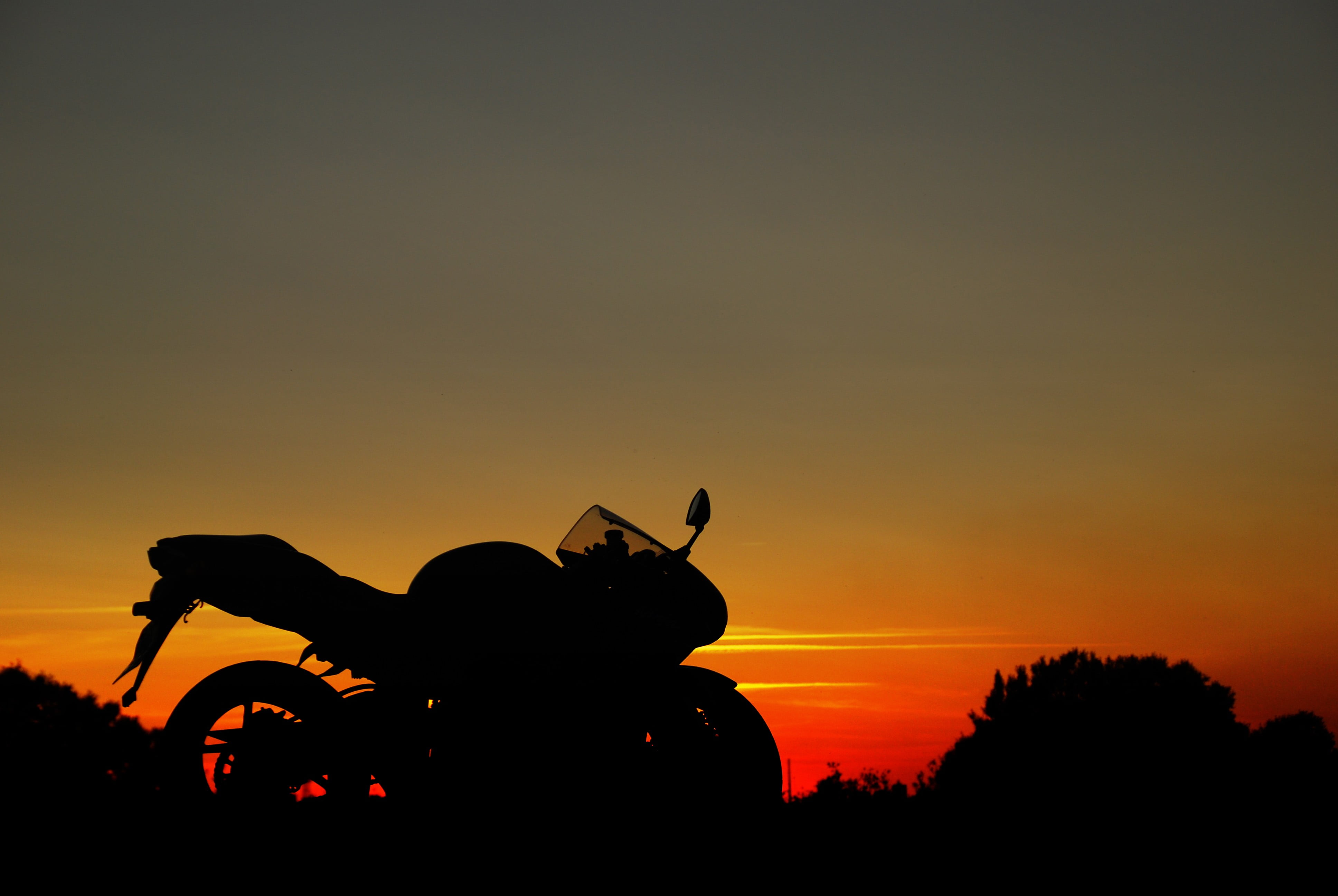 landscape, no people, 4K, tree, beauty in nature, orange color, transportation, sunset, sky, scenics - nature, land vehicle, motorcycle, outdoors, silhouette, HD Wallpaper