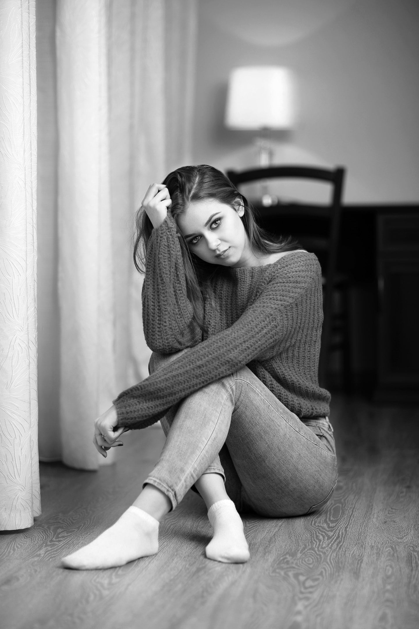 hair, sitting, hairstyle, domestic room, young women, flooring, beautiful people, portrait, young adult, contemplation, full length, Murat Kuzhakhmetov, Phone HD Wallpaper