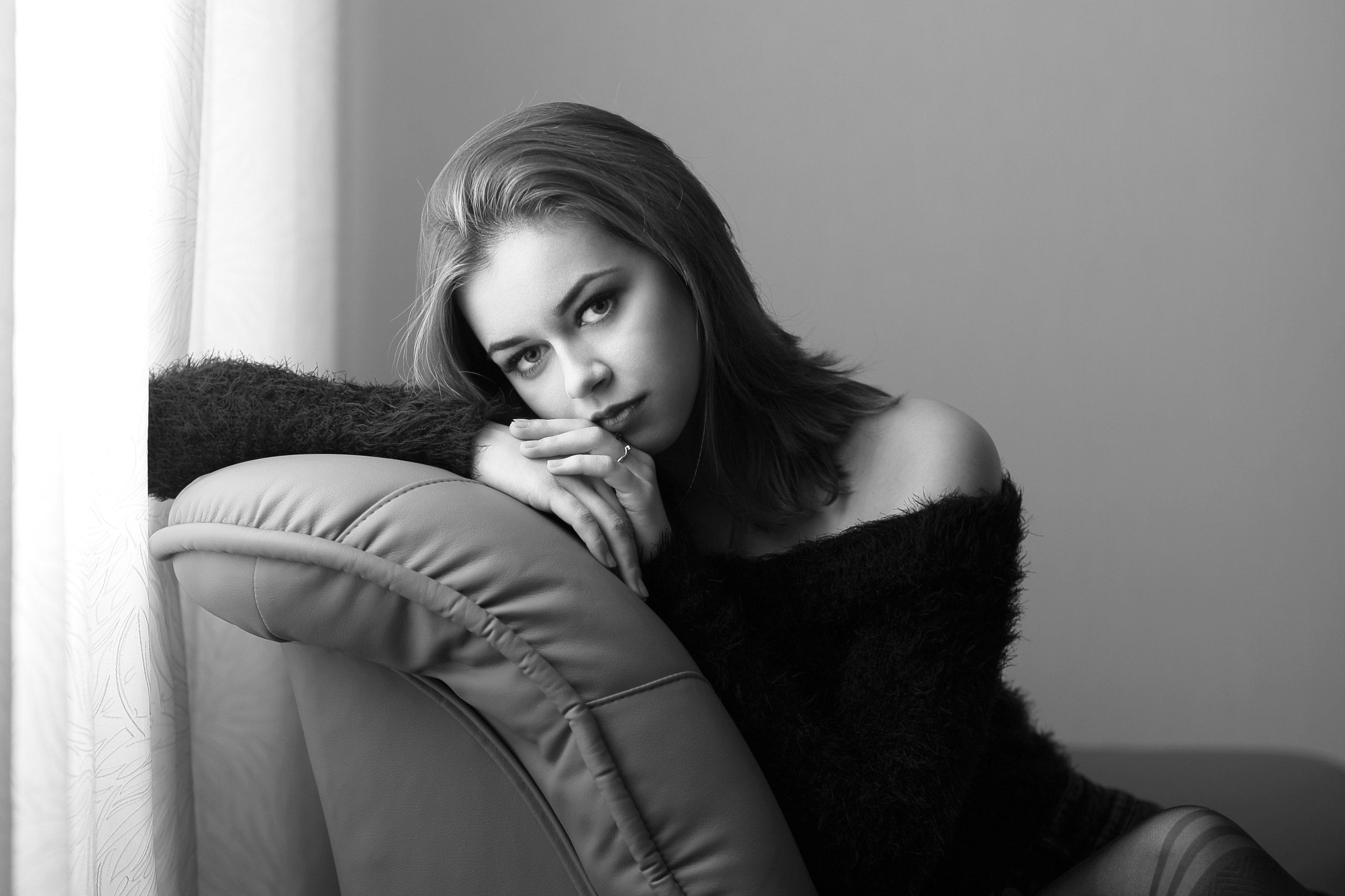 2K, monochrome, model, portrait, Murat Kuzhakhmetov, women, HD Wallpaper