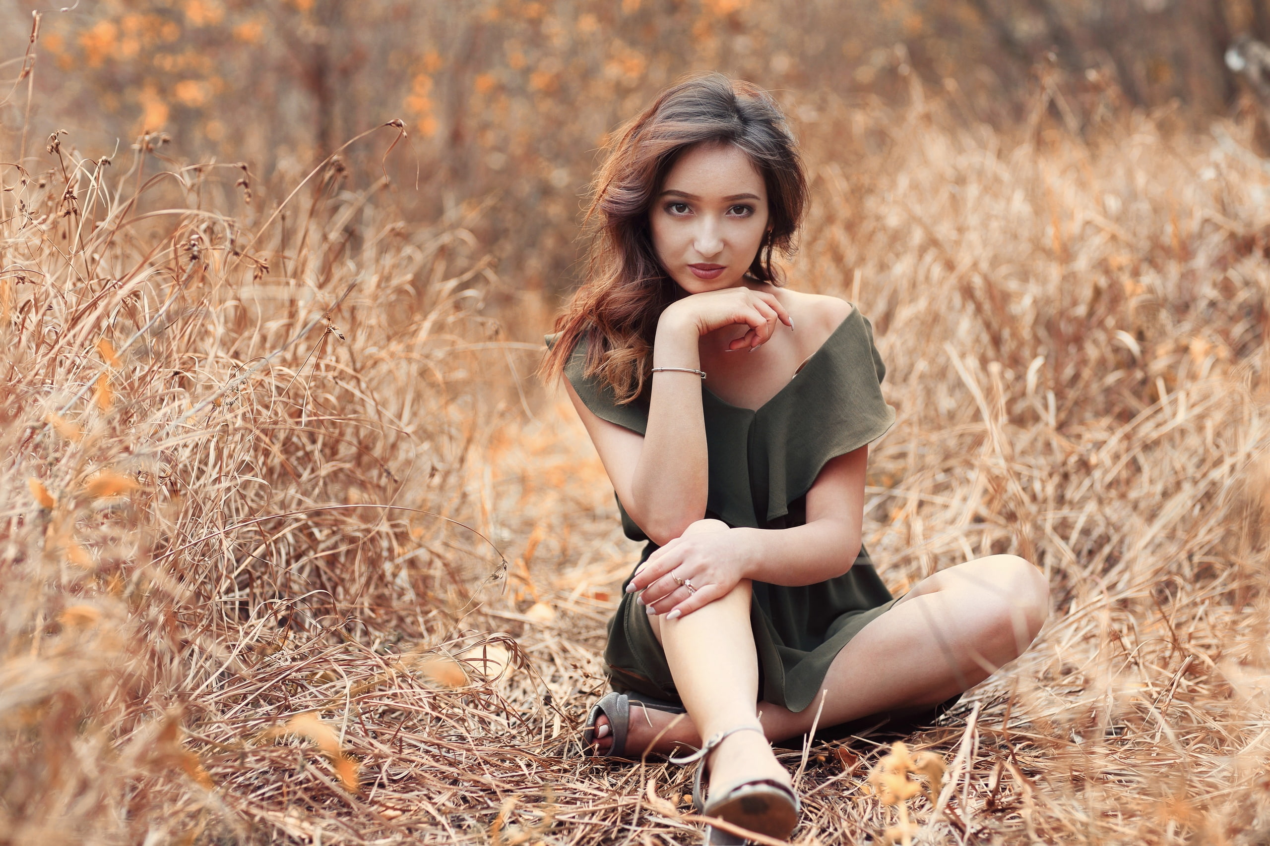 teenager, one person, leisure activity, hair, Murat Kuzhakhmetov, looking at viewer, hairstyle, fall, full length, beauty, nature, beautiful woman, sitting, HD Wallpaper