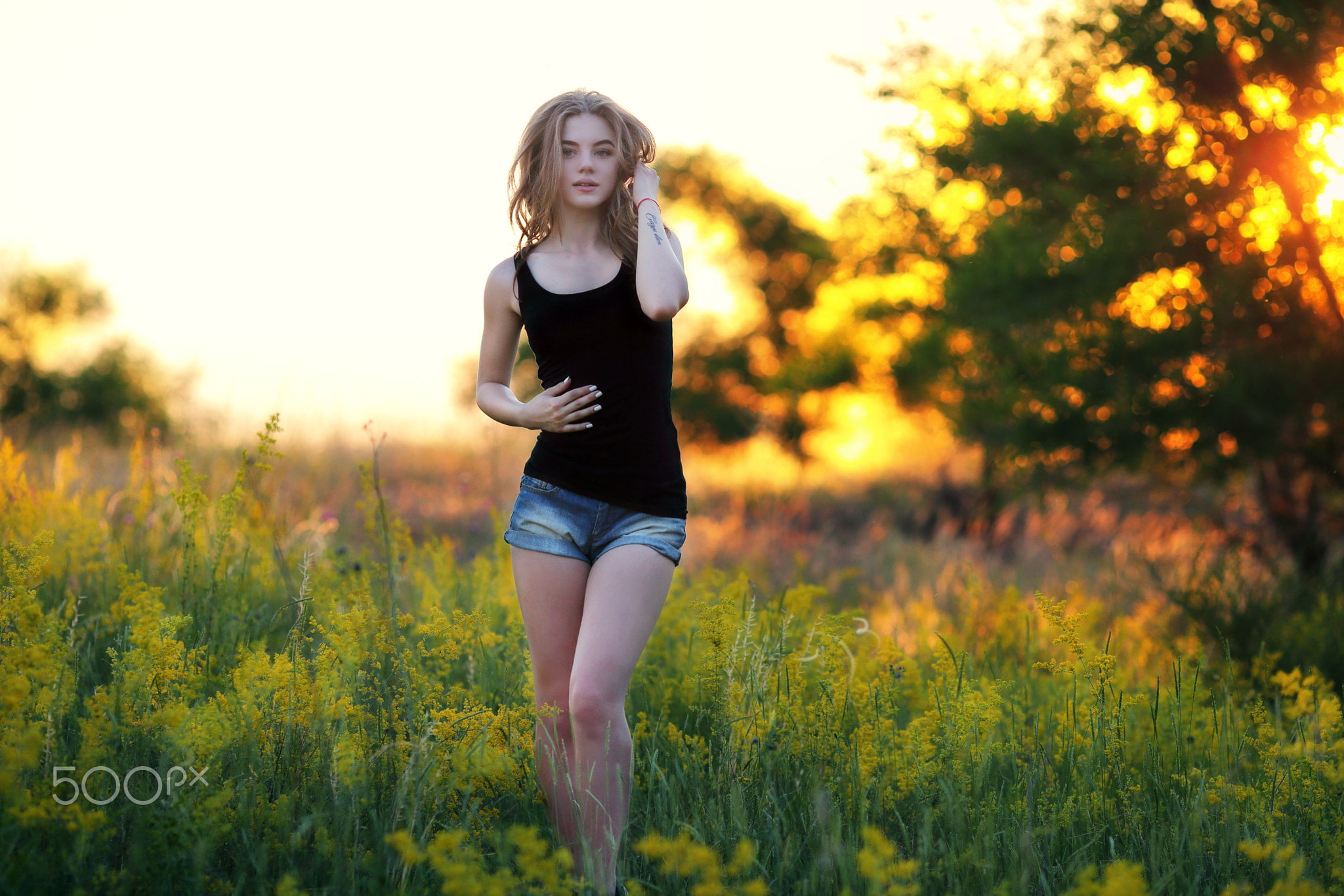 black tops, model, portrait, bare shoulders, Murat Kuzhakhmetov, women outdoors, Black top, blonde, white tops, 1080P, depth of field, jean shorts, 500px, HD Wallpaper