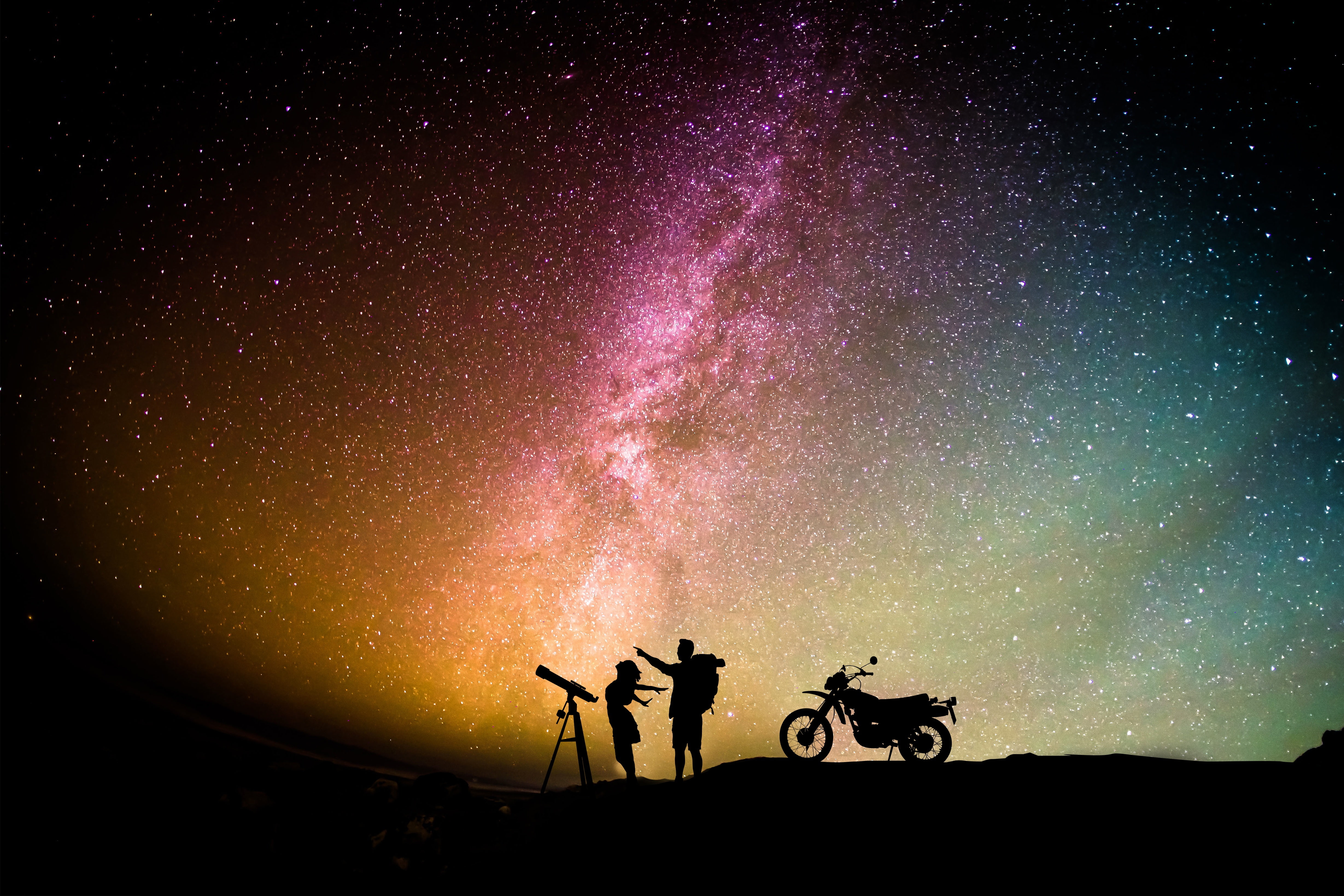 astronomy, milky way, couple, men, nature, space, mammal, horse, riding, land, 5k, hd, aurora, photography, night, two people, sky, real people, domestic, HD Wallpaper