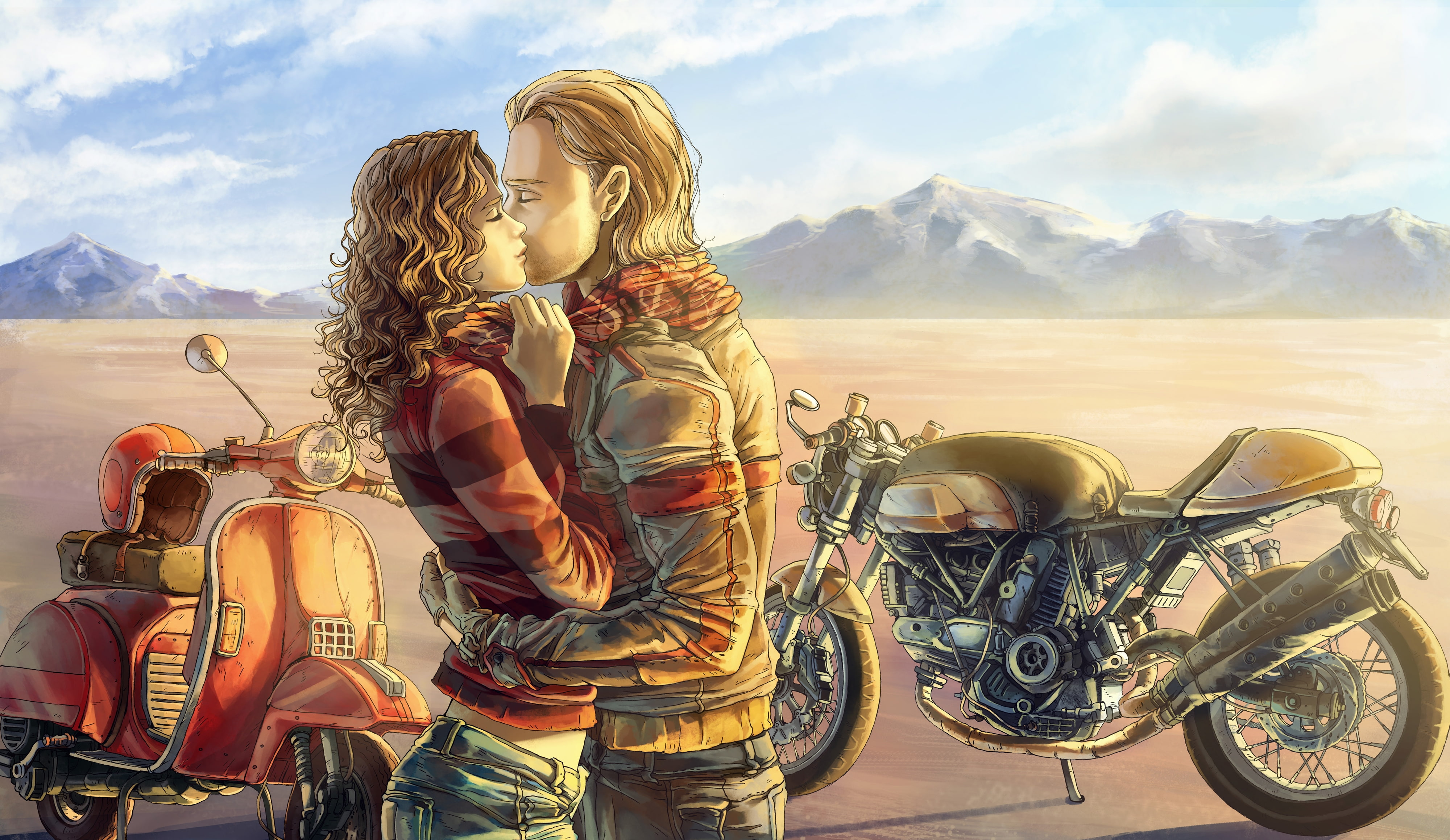 art, motorbike, sky, women, mountain, mood, mountain range, leisure activity, mode of transportation, motorcycle, Bike, positive emotion, 4K, beauty in nature, HD Wallpaper