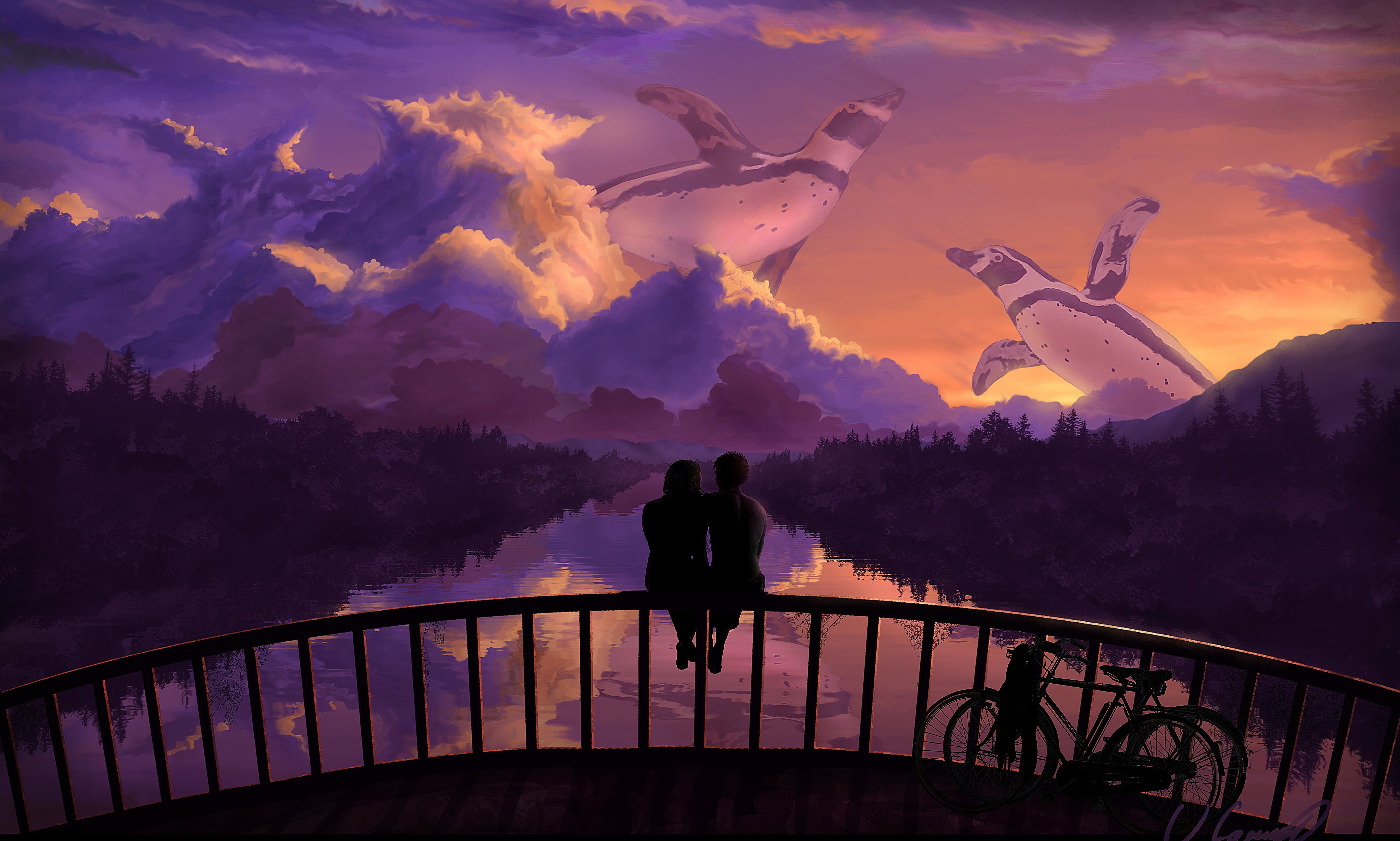 adult, men, adventure, 5K, backgrounds, beauty in nature, cloud - Sky, bridge, sitting, man, mountain, penguins, sky, real people, illustration, the sky, HD Wallpaper