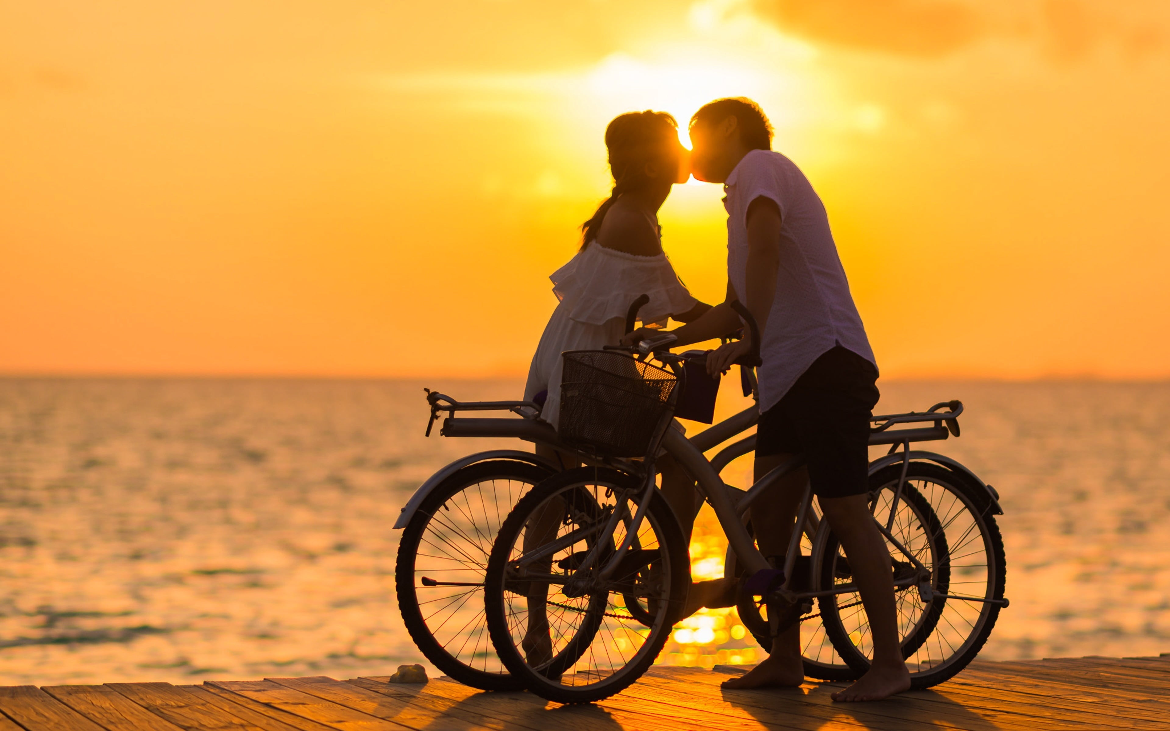 4K, pair, bike, kiss, sunset, love, HD Wallpaper