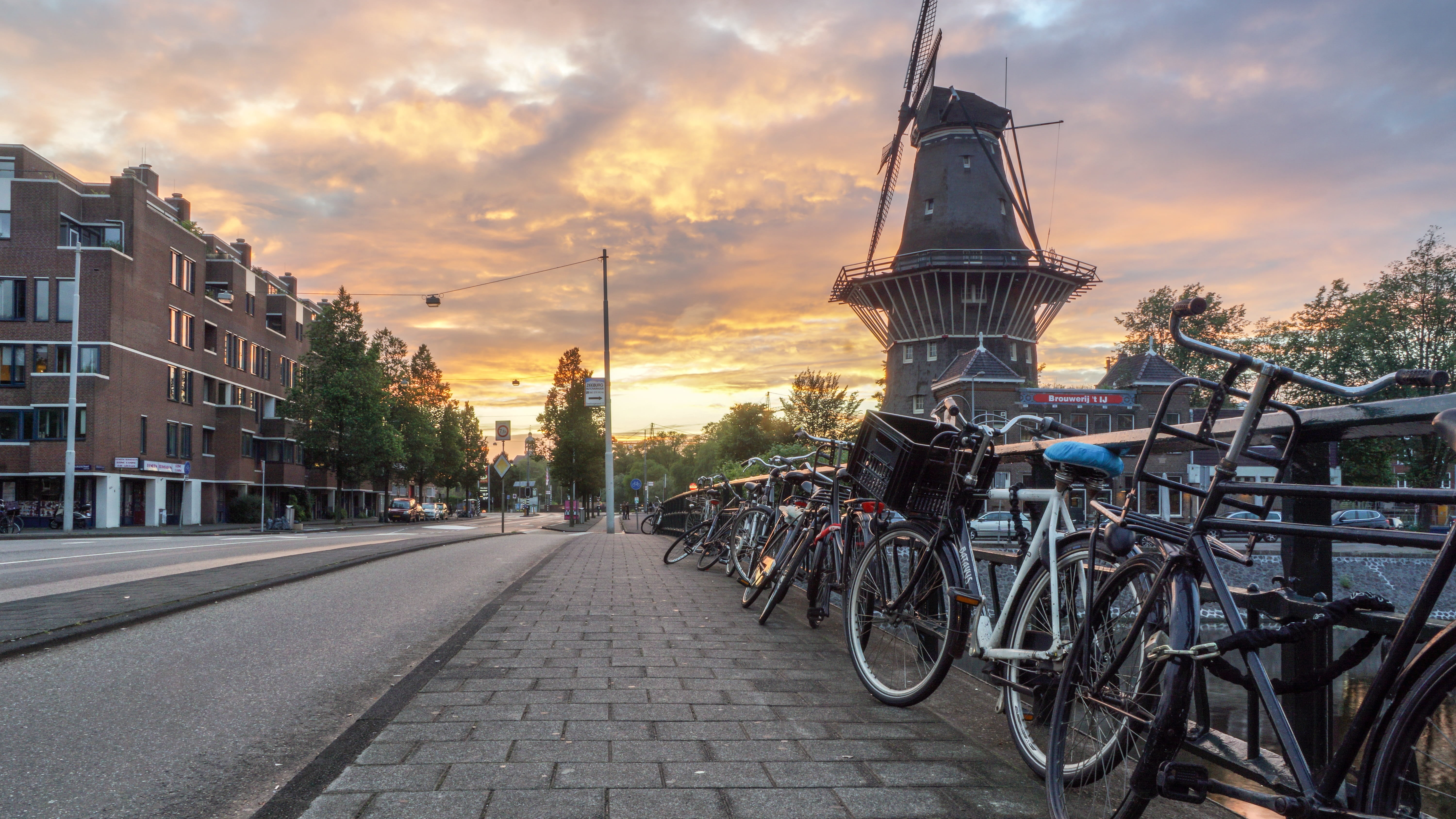 love, amsterdam, outdoors, sunset, windmill, bicycle, bridge, building exterior, mode of transportation, bicycles, architecture, afterglow, land vehicle, HD Wallpaper