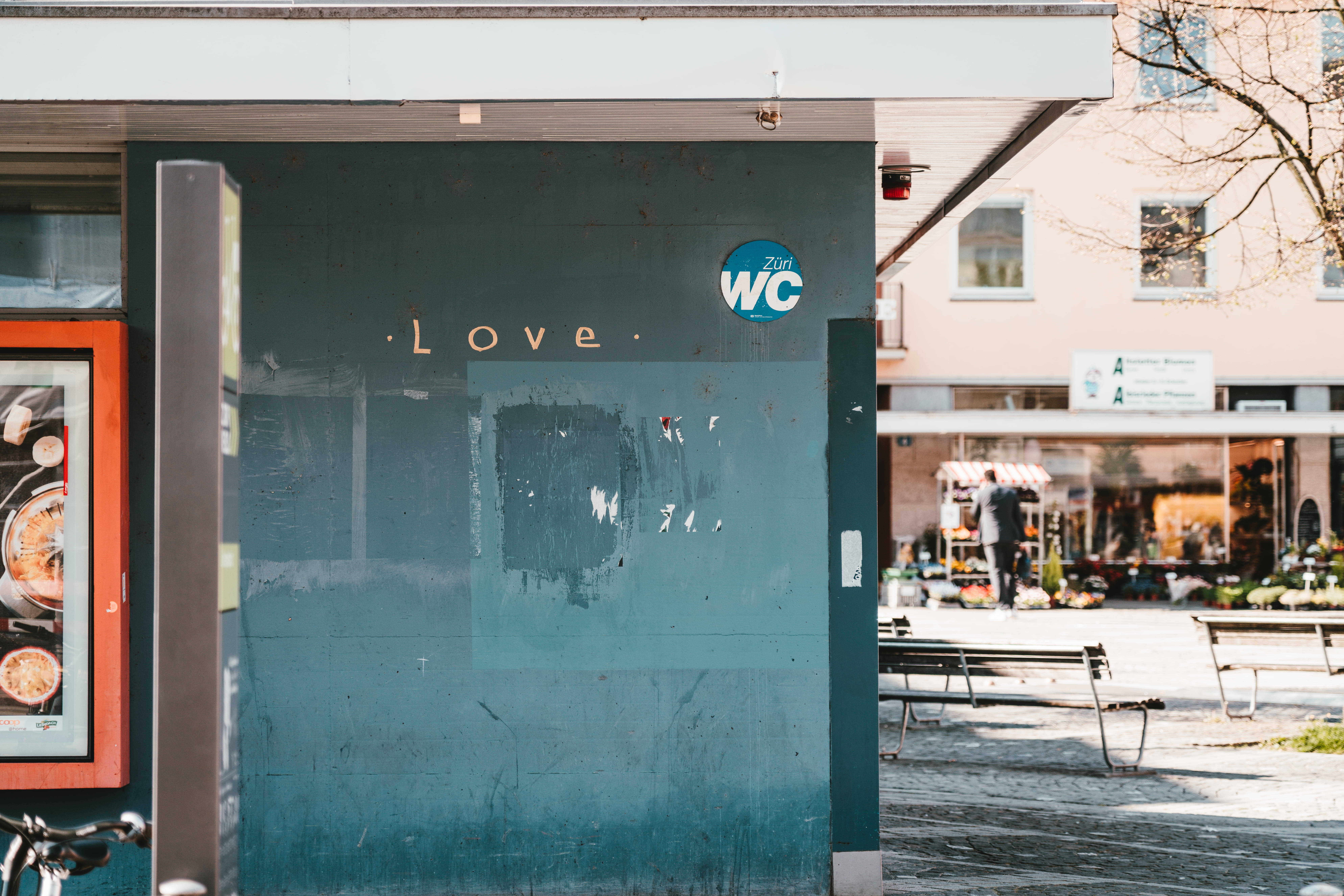 person, door, bicycle, furniture, sunlight, vehicle, window, built structure, text, city, bench, building exterior, shop, bike, sign, building, fuel pump, HD Wallpaper