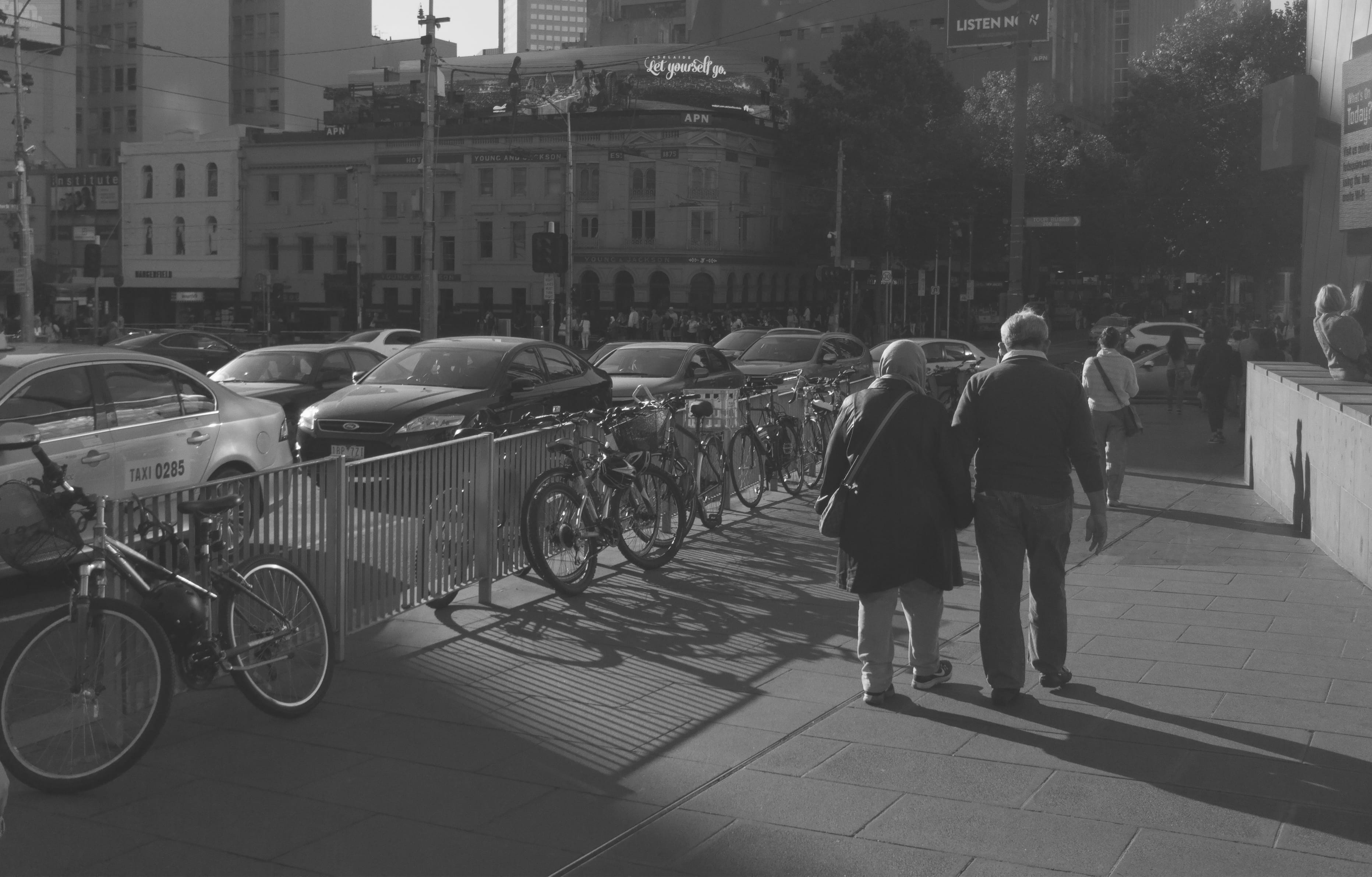 bicycle, lifestyles, group of people, bike, sidewalk, architecture, car, melbourne, men, mode of transportation, old person, land vehicle, mobile photography, HD Wallpaper