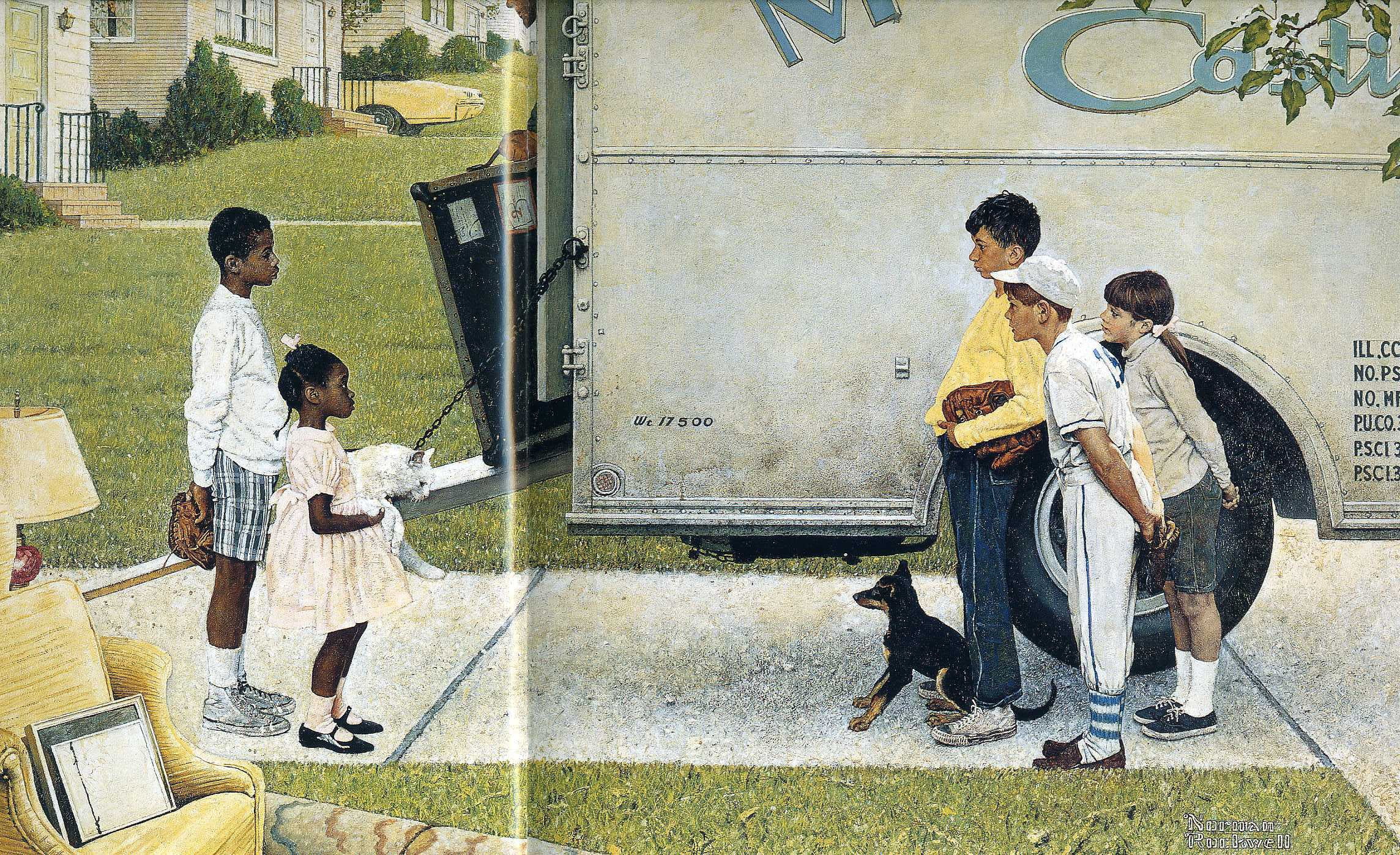 New Kids in the Neighbourhood 1967, white fluffy cat, children, Norman Rockwell, dog, 1080P, Illustration, HD Wallpaper