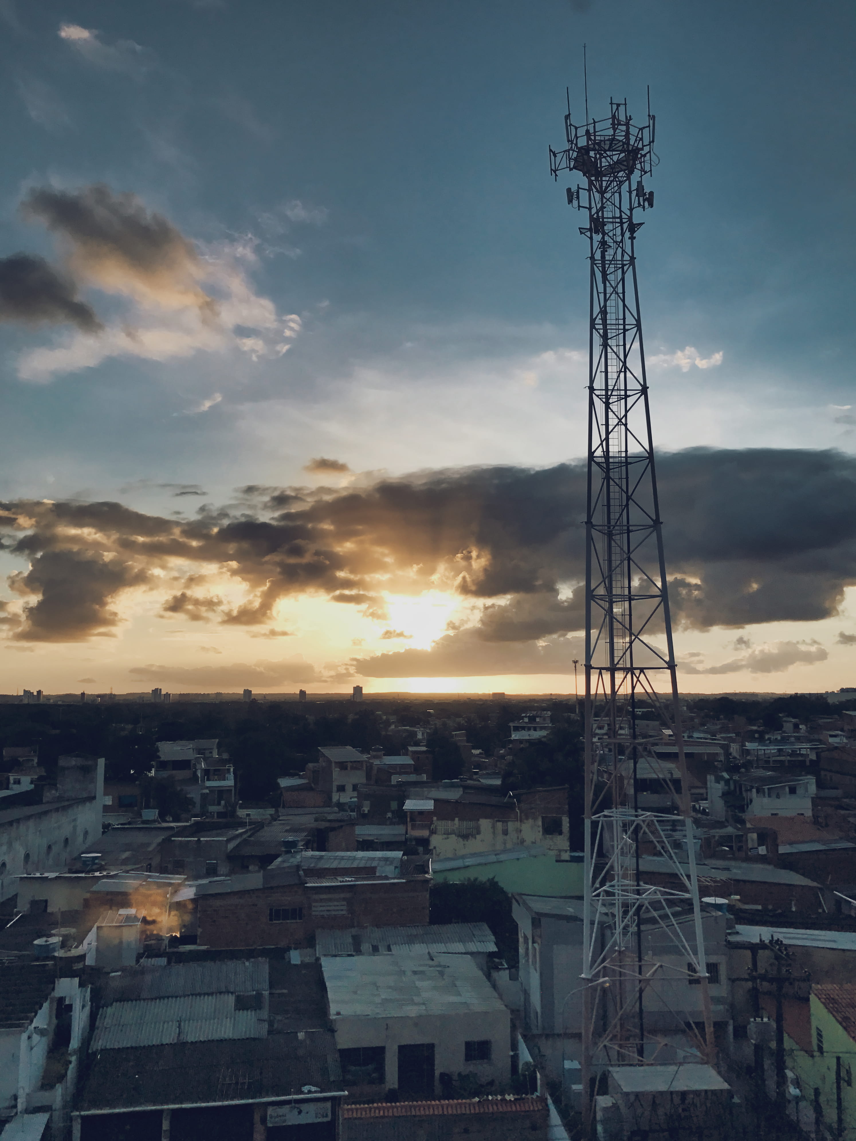 sunset, sunlight, sky, neighbourhood, connection, industry, cloud - sky, houses, recife, favela, city, antenna, blue, construction industry, building exterior, Phone HD Wallpaper
