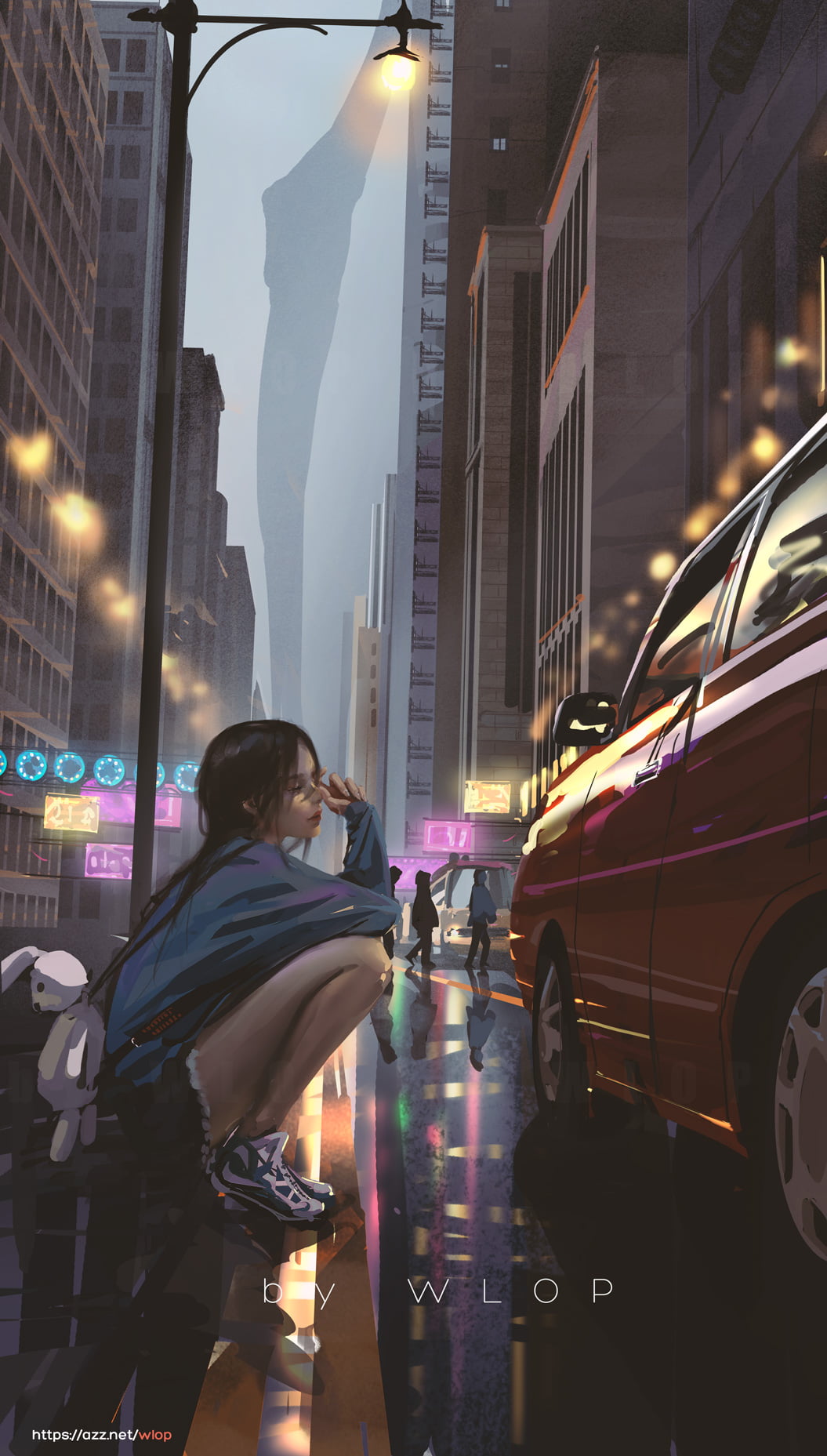 anime, street, WLOP, car, anime girls, city, 720P, vertical, Phone HD Wallpaper