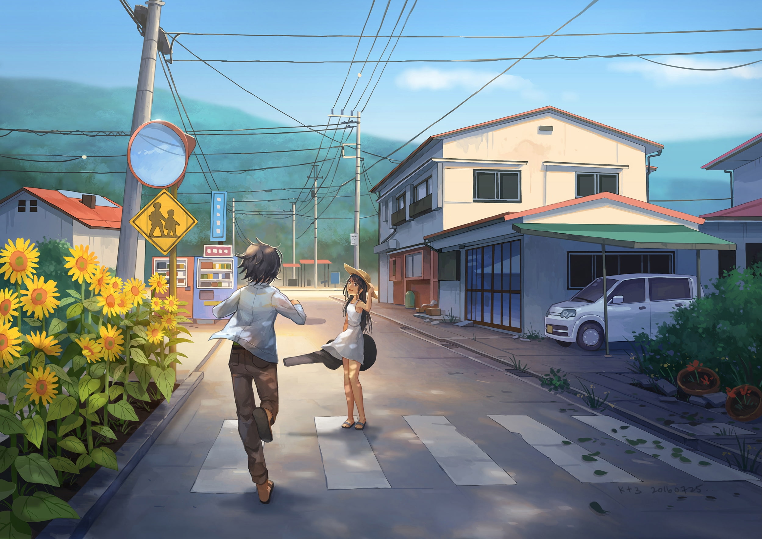 full length, women, house, togetherness, nature, scenic, street, bonding, anime street, strawhat, built structure, girl and boy, city, architecture, outdoors, HD Wallpaper