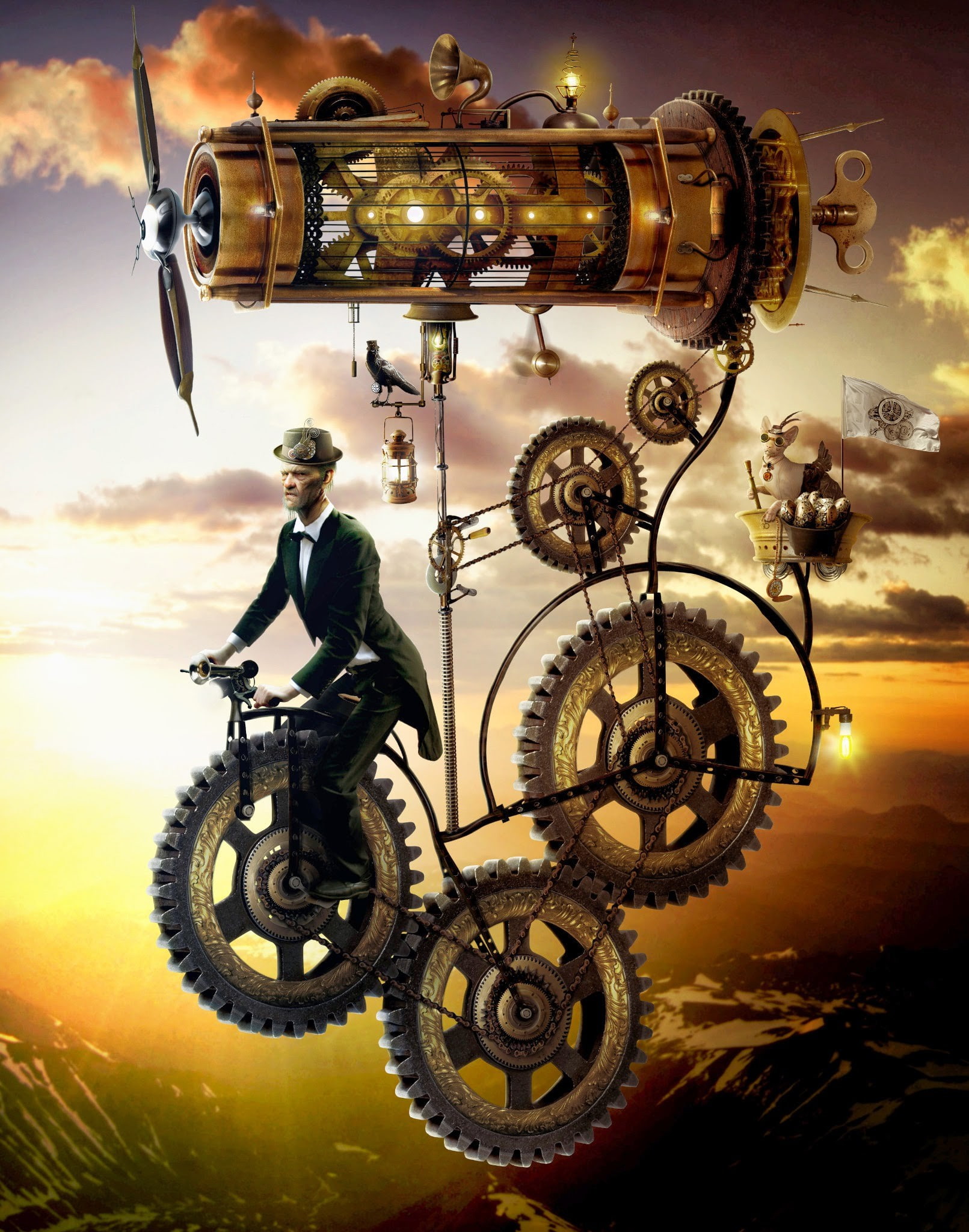 1080P, birds, Propeller, digital art, Flag, Steampunk, cat, Portrait Display, gears, Metal, Flying, men, chains, Phone HD Wallpaper