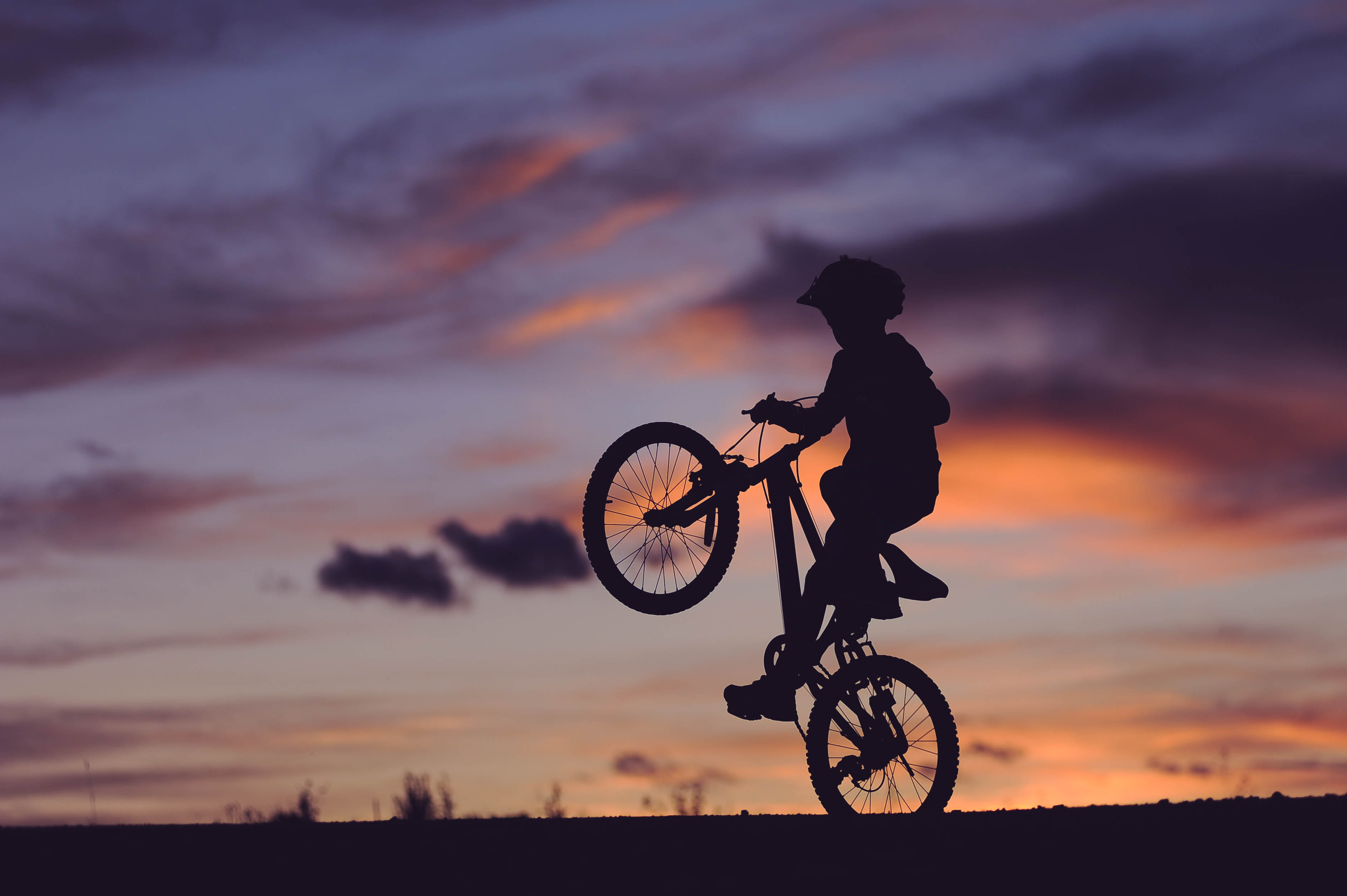 sunset, mountain bike, dusk, outdoors, cycling, cloud, sky, cloud - sky, photography, wheelie, 2K, bike, nature, leisure activity, evening, one person, HD Wallpaper