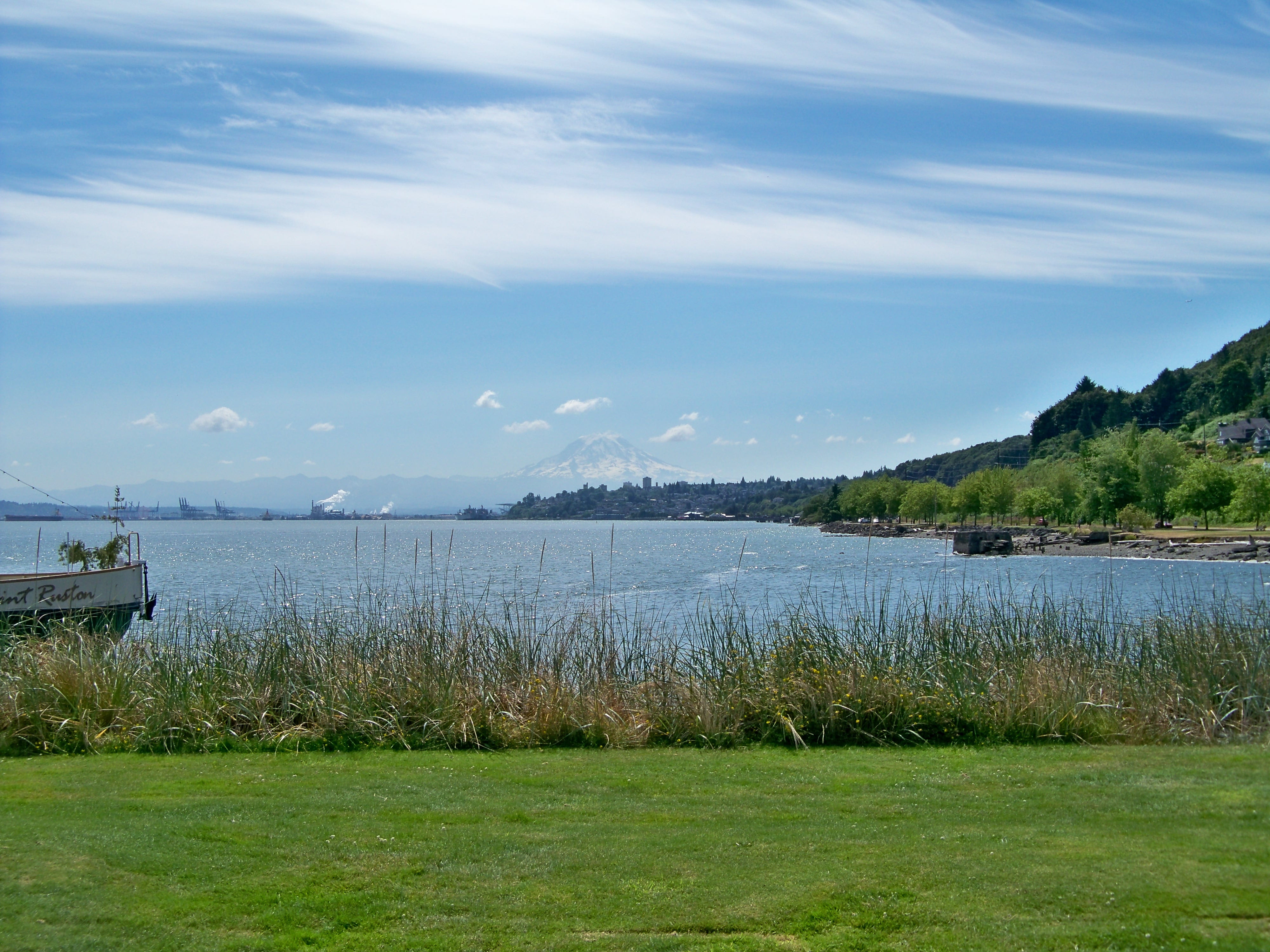 tranquil scene, outdoors, tacoma, commencement bay, grass, mountain, puget, washington, green color, tranquility, land, water, no people, idyllic, nautical vessel, HD Wallpaper