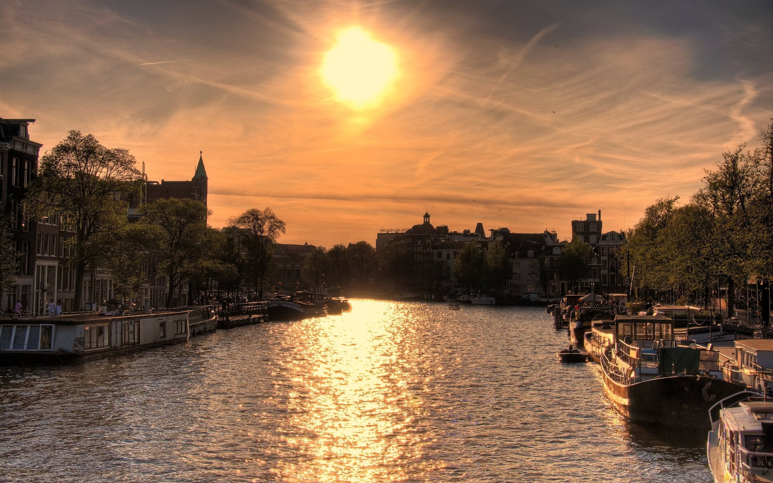 Amsterdam, 2K, nature, Sun, boat, river, HD Wallpaper