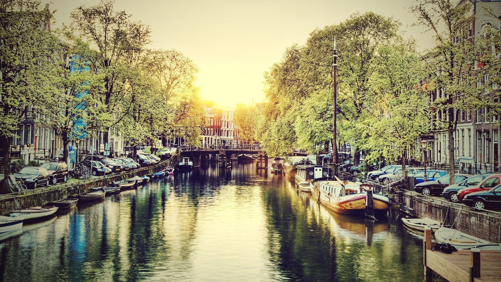trees, river, boat, summer, water, 1080P, car, canal, bridge, city, Amsterdam, HD Wallpaper