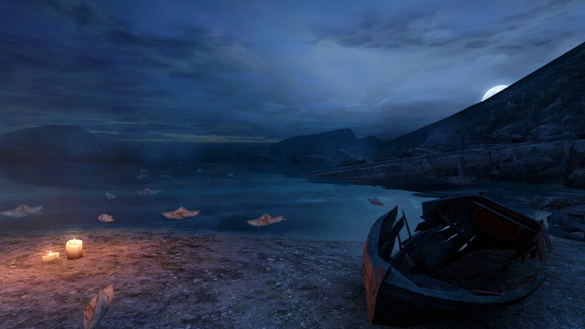 water, beauty in nature, idyllic, sea, non-urban scene, dusk, mountain, tranquil scene, illuminated, solid, video games, 1080P, Source Engine, no people, HD Wallpaper