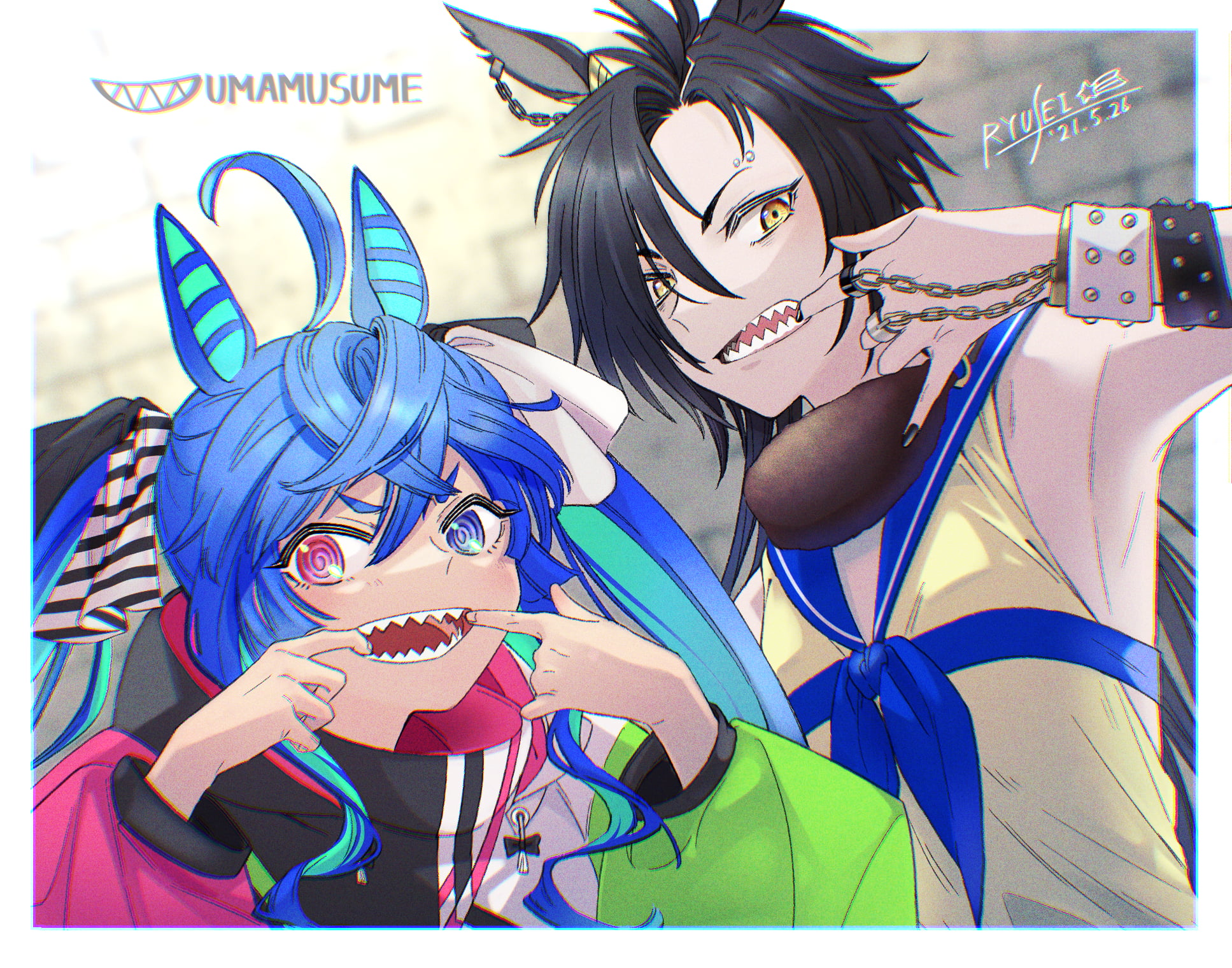 long hair, hair ribbon, pink eyes, finger in mouth, Air Shakur (Uma Musume), black nails, women outdoors, chains, Twin Turbo (Uma Musume), grimace, Uma Musume Pretty Derby, HD Wallpaper