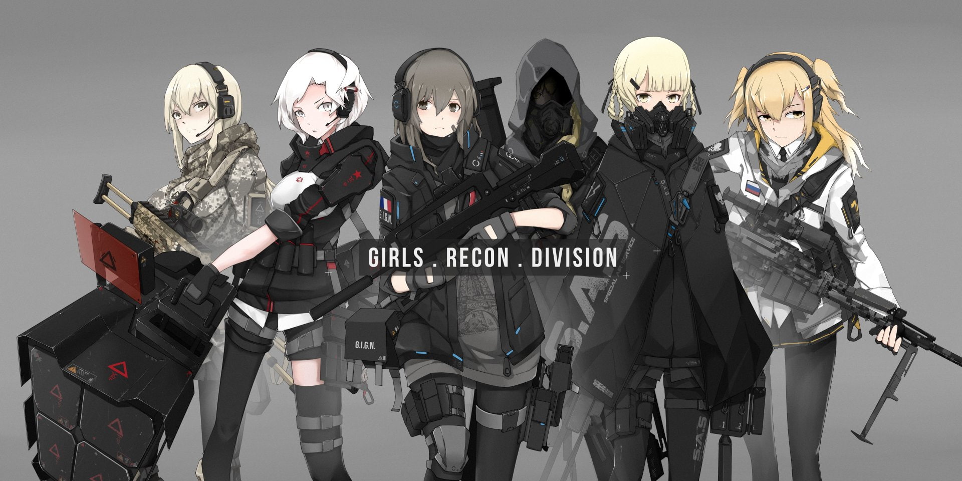 Yellow Eyes, White Hair, Blonde, Twintails, Gas Mask, Brown Hair, Brown Eyes, Short Hair, Long Hair, Gun, Hoodie, Headphones, 1080P, Anime, Original, HD Wallpaper
