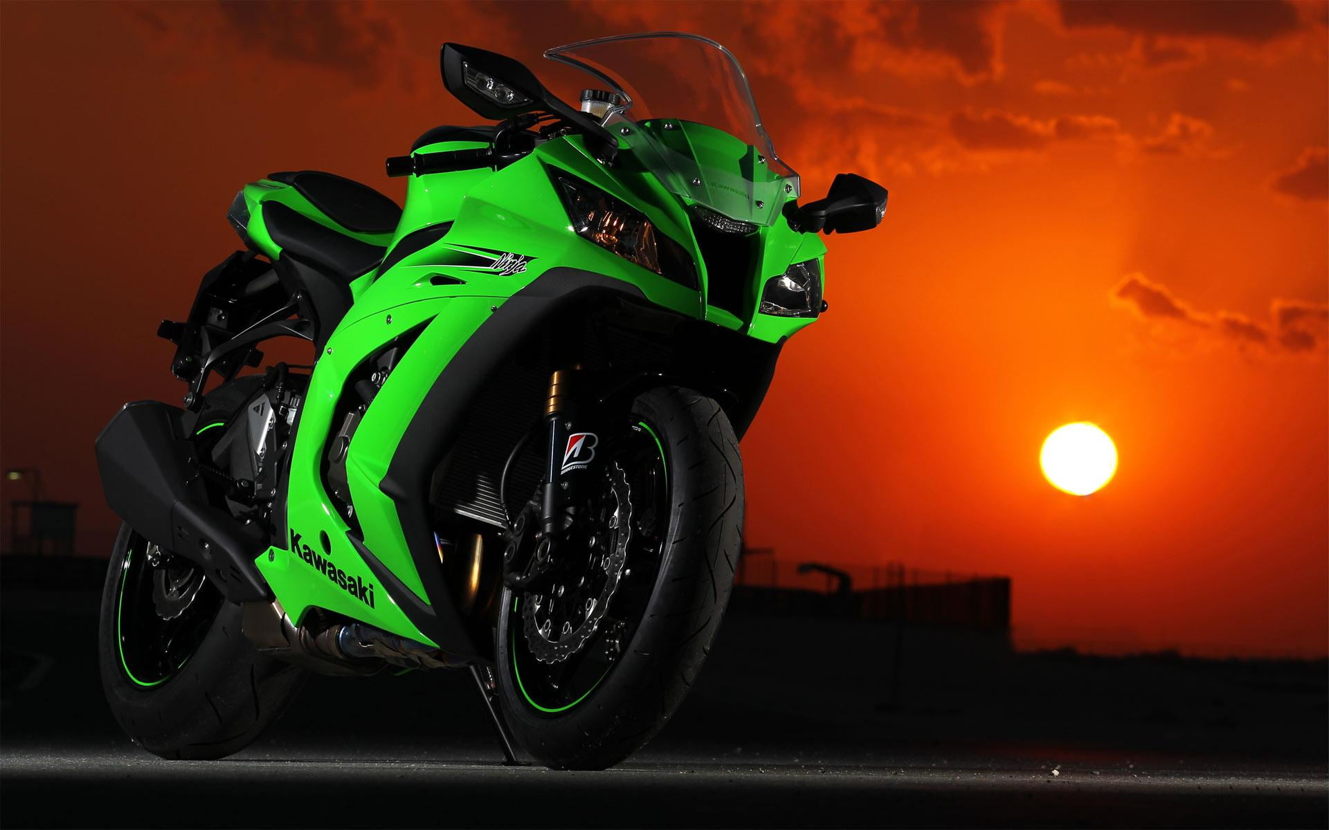 sports, black, speed, Kawasaki, ninja, competition, land vehicle, motion, challenge, green, Motorcycles, zx, outdoors, sunset, transportation, wheel, sports clothing, HD Wallpaper