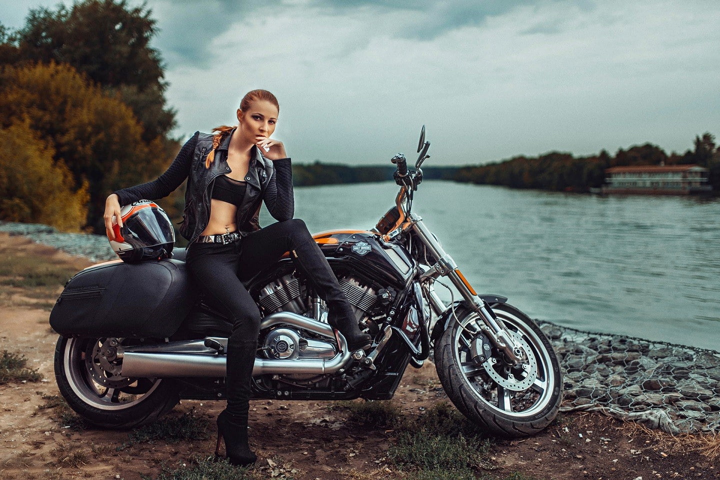 vehicle, 720P, chopper, helmet, women with bikes, women with motorcycles, river, motorcycle, HD Wallpaper