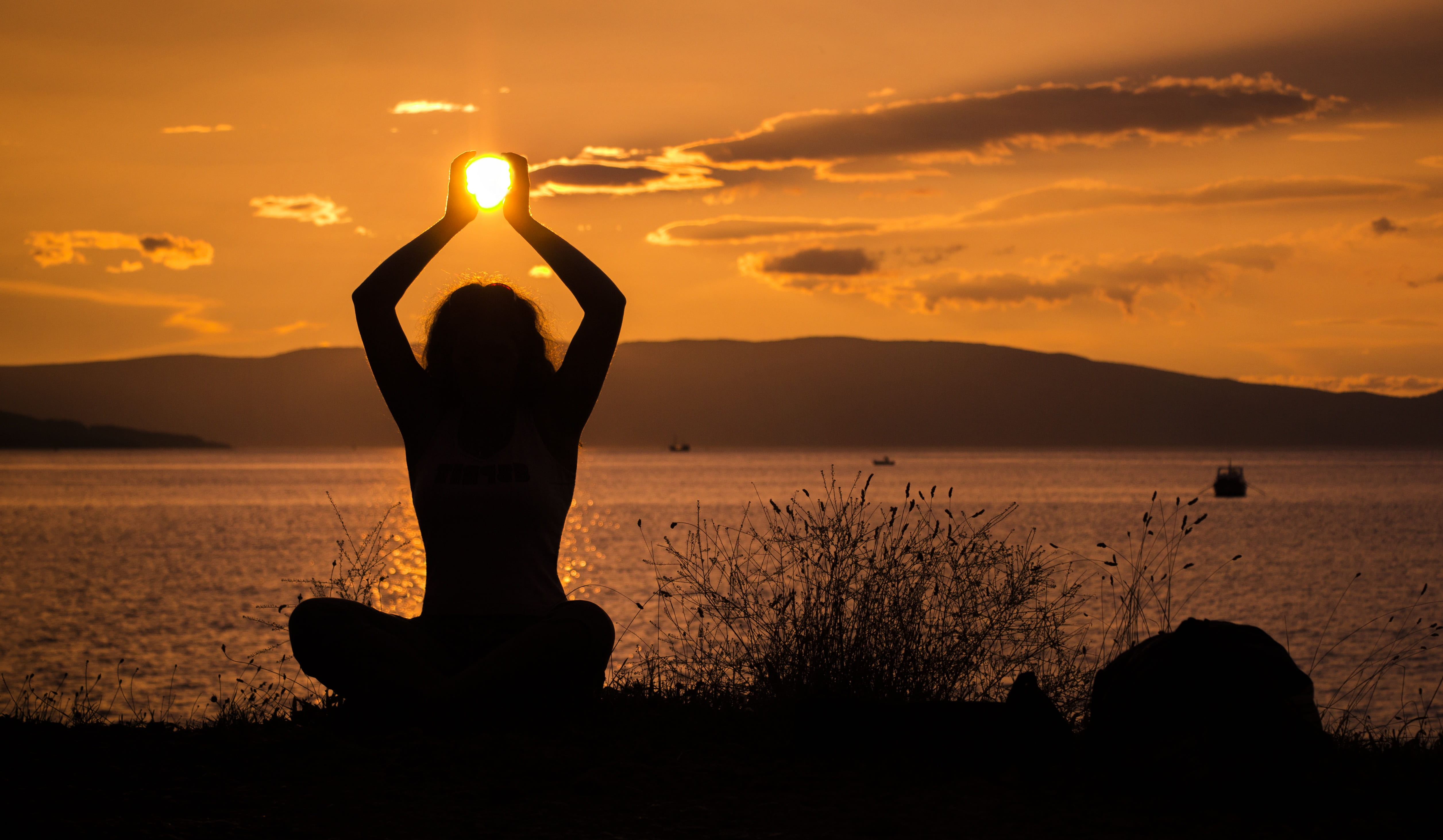 sitting, sky, yoga, exercising, freedom, green, vacation, water, sun, meditating, human body part, tranquility, religion, summer, girl, adult, joy, light, HD Wallpaper