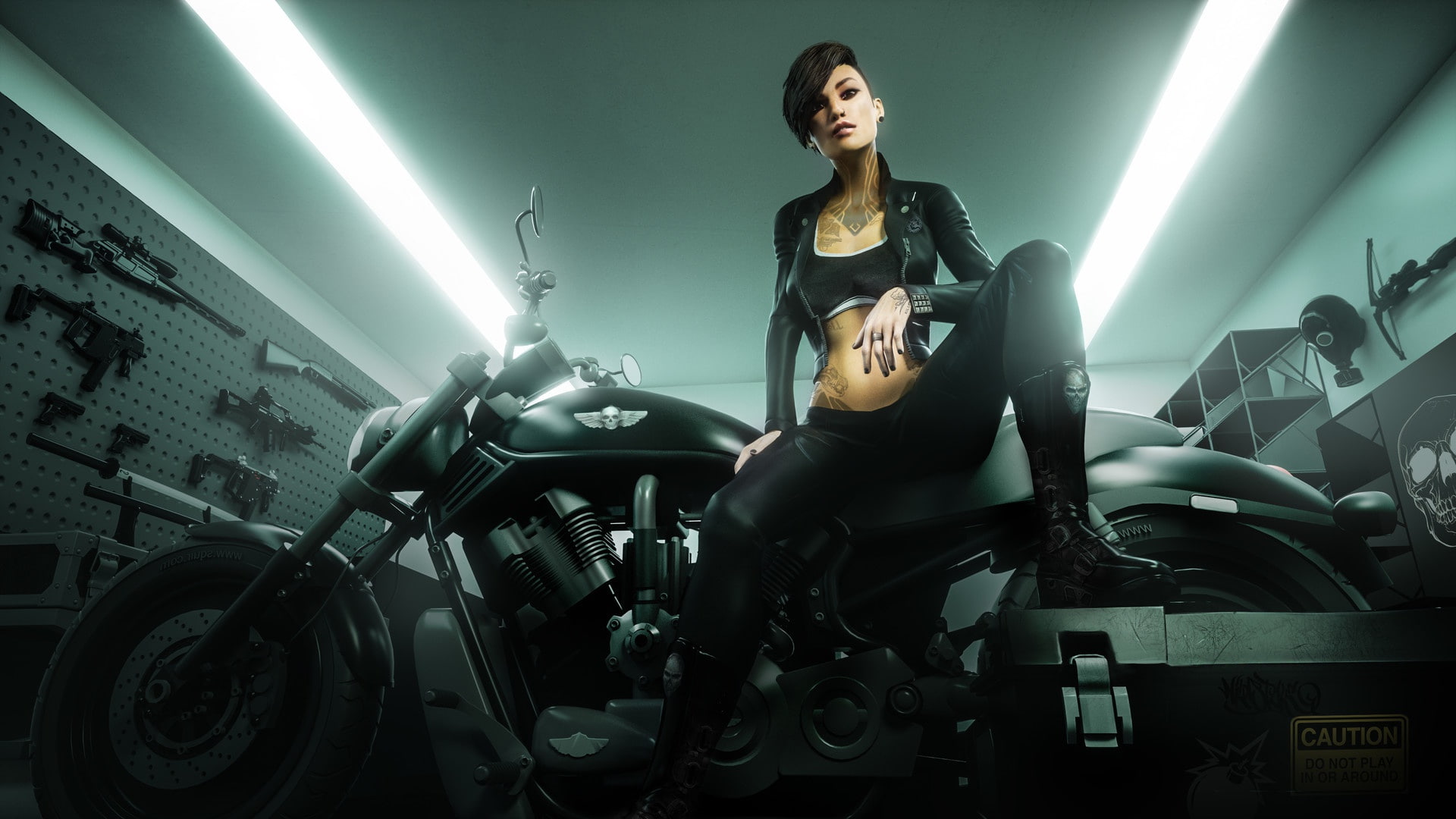 weapons, tattoo, pose, badass girl, woman, motorcycle, 1080P, HD Wallpaper
