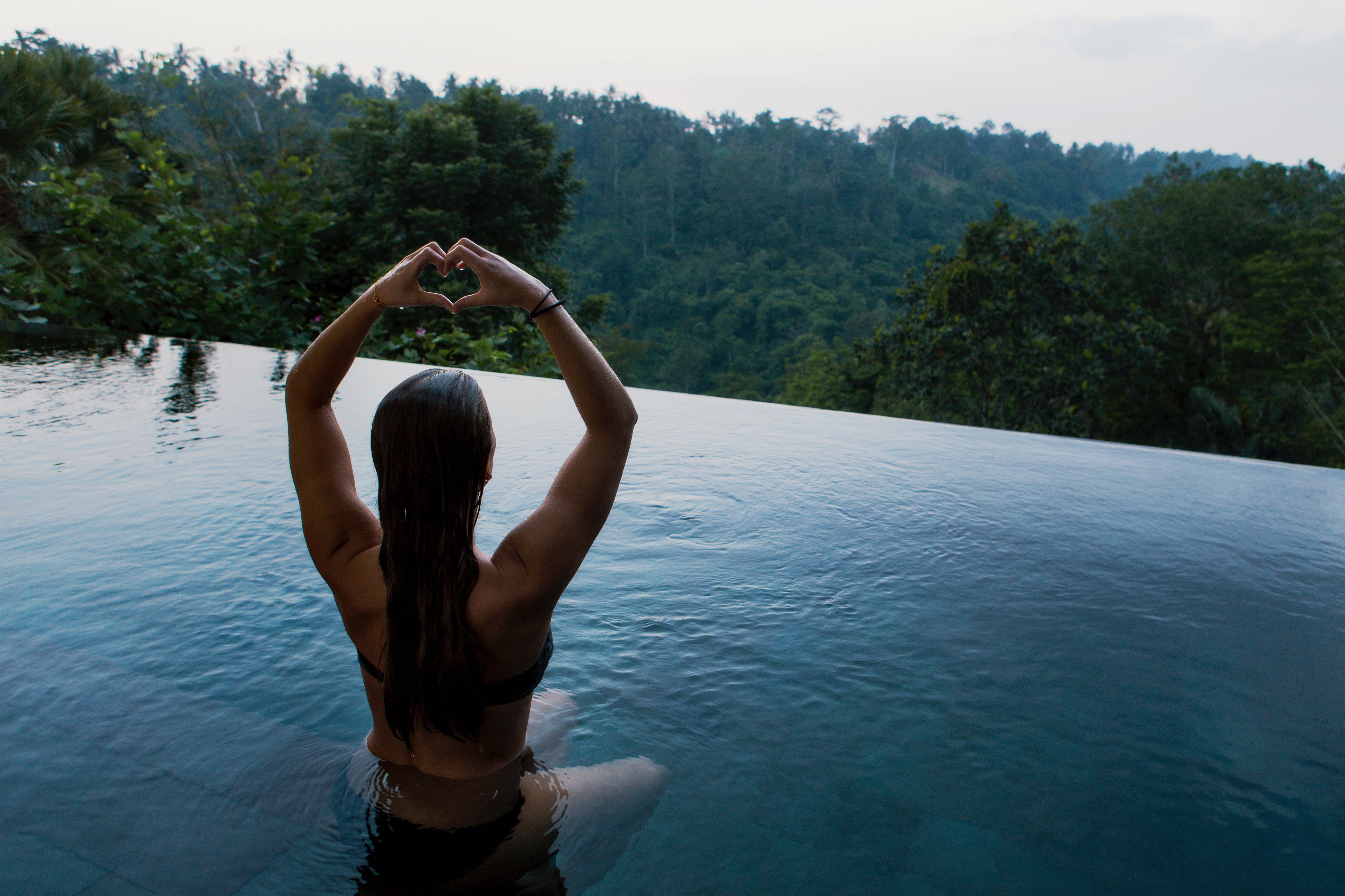 woman, tranquil scene, lake, girl, one person, rear view, forming, people, summer, lifestyles, pool, raising, tranquility, heart, hands, body, real people, HD Wallpaper