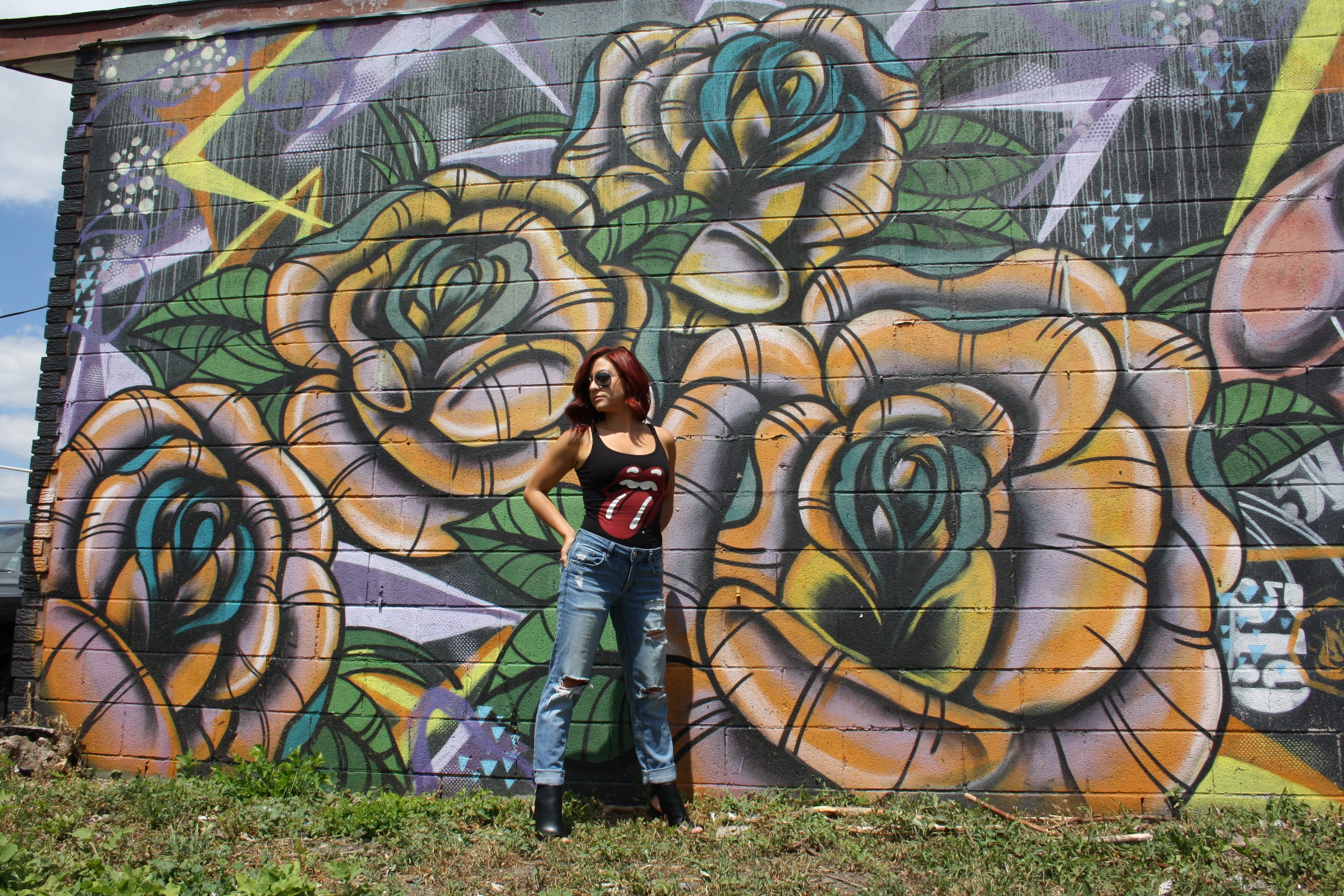 real people, badass, creativity, casual clothing, standing, street art, day, wallart, full length, fashion, young women, flower art, rollingstones tee, HD Wallpaper