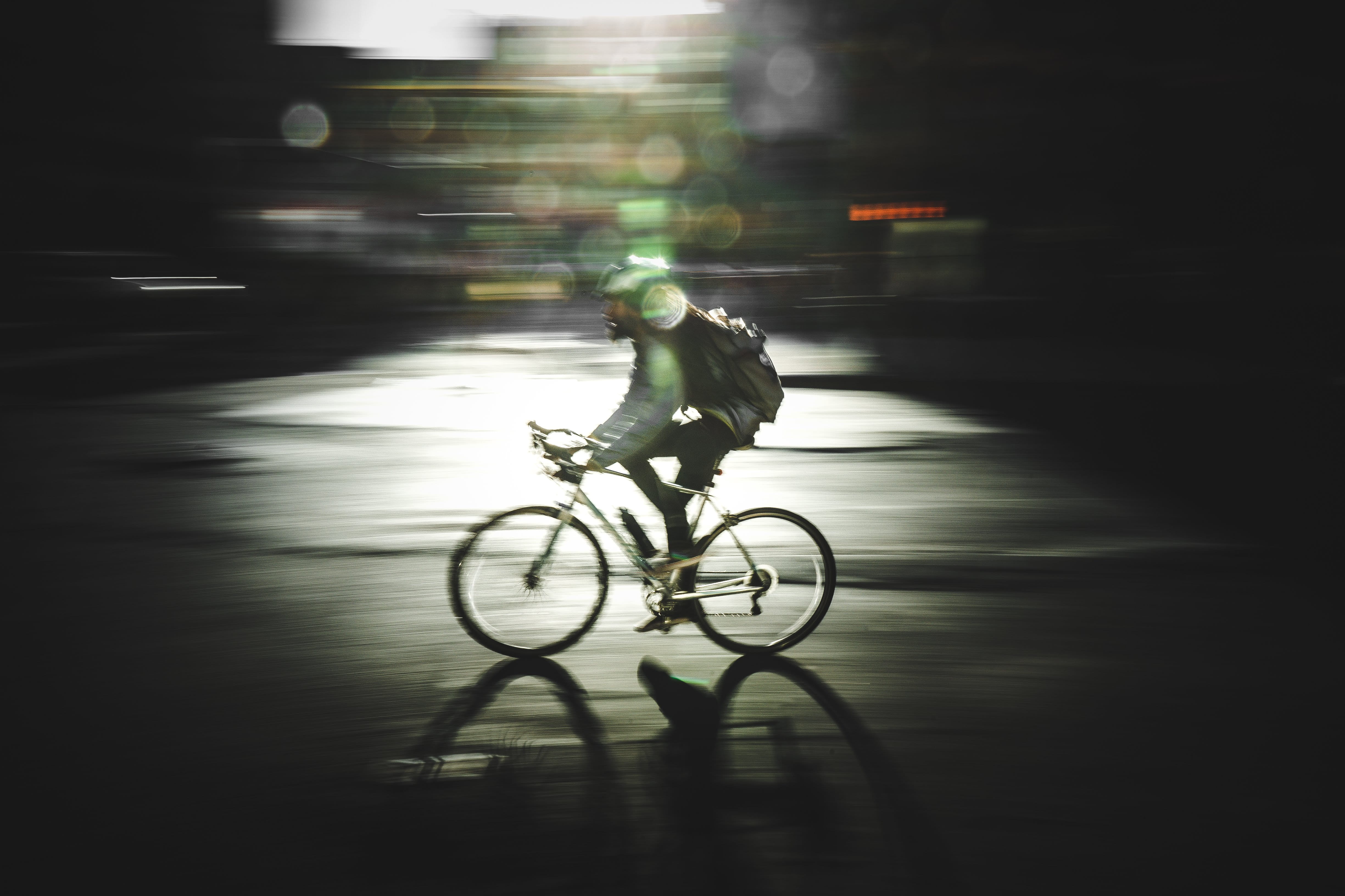 city, full length, sport, blurred motion, bicycle, street, one person, mode of transportation, land vehicle, motion, dark, 4K, real people, road, ride, HD Wallpaper