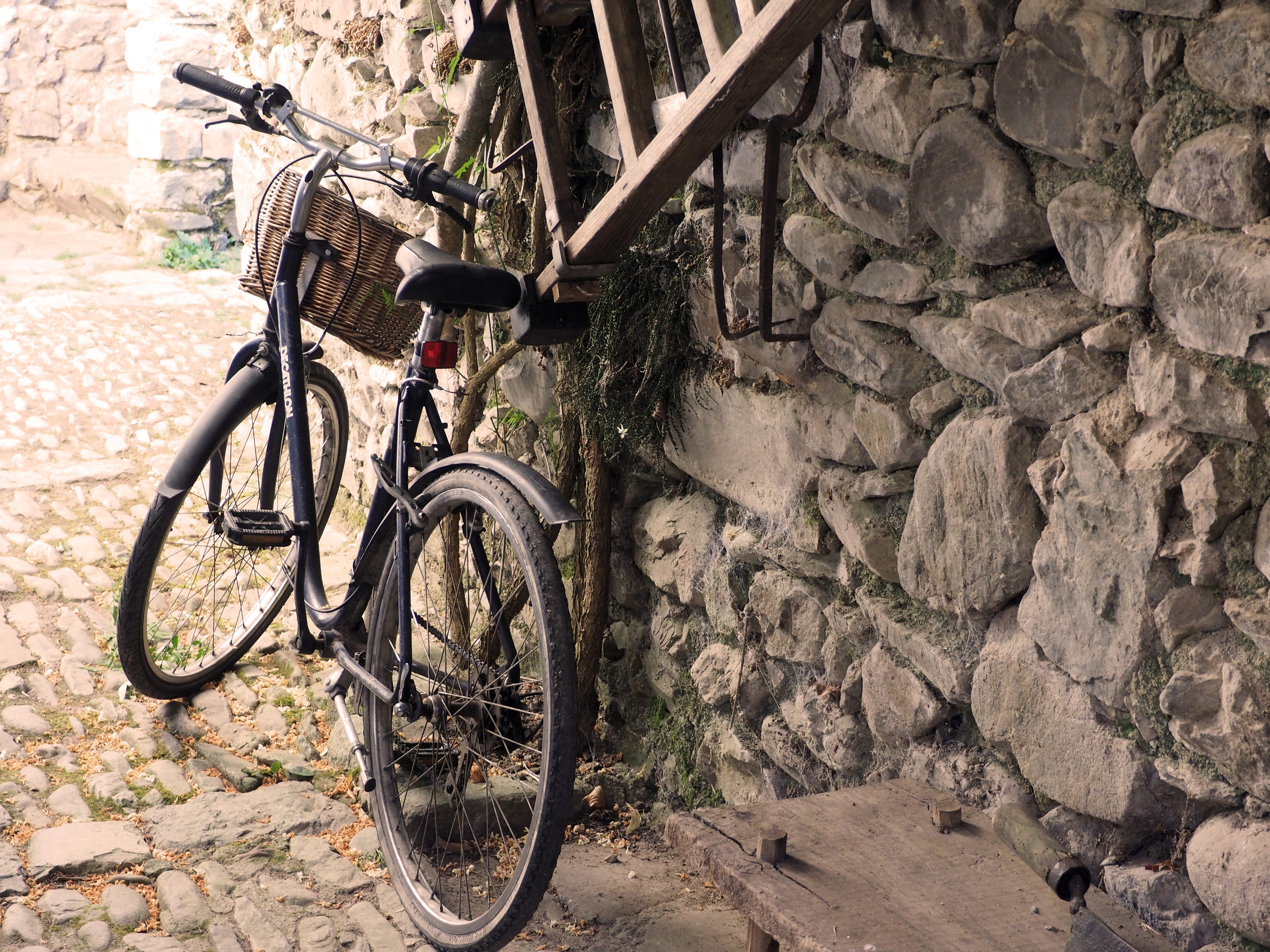 built structure, stone, black, ladder, cycling, city bike, sunlight, bike, stationary, wheel, outdoors, cycle, travel, day, city, bike old, no people, old, HD Wallpaper