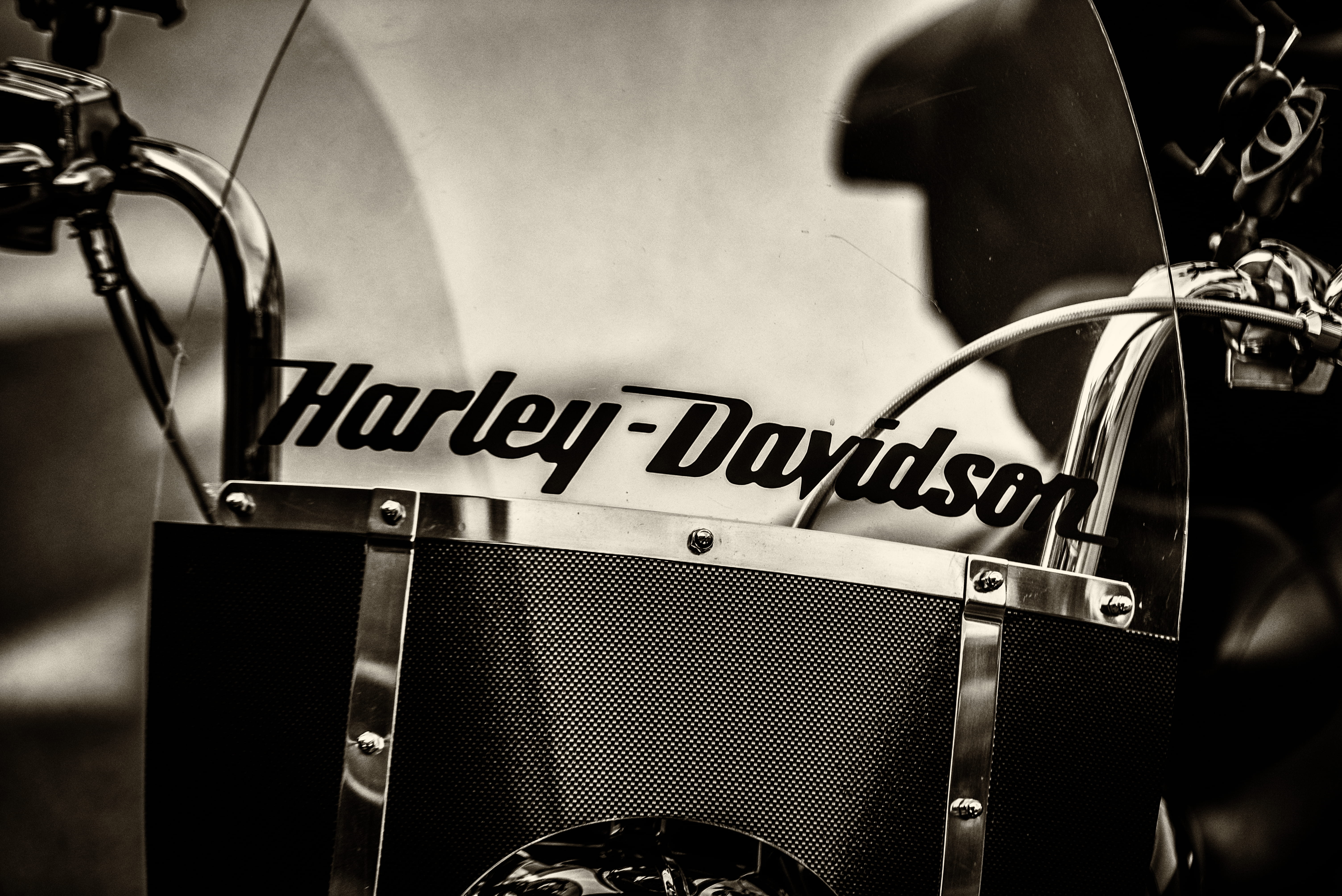 analog, equipment, motorcycle, black, harley davidson, 5K, vintage, technology, retro, focus, text, western script, street, metal, brand, musical instrument, HD Wallpaper