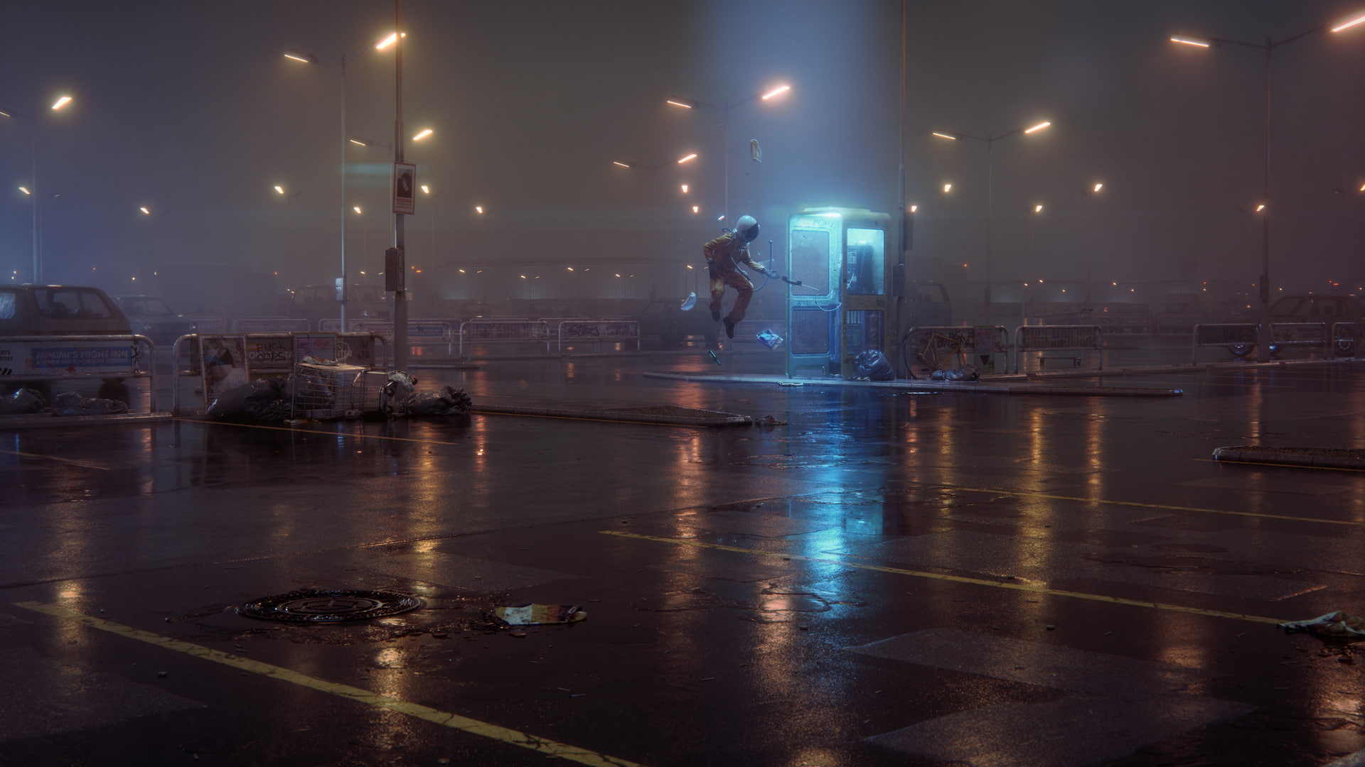 astronaut, Parking Lot, 1080P, Phone Box, wet, digital art, ufo, HD Wallpaper