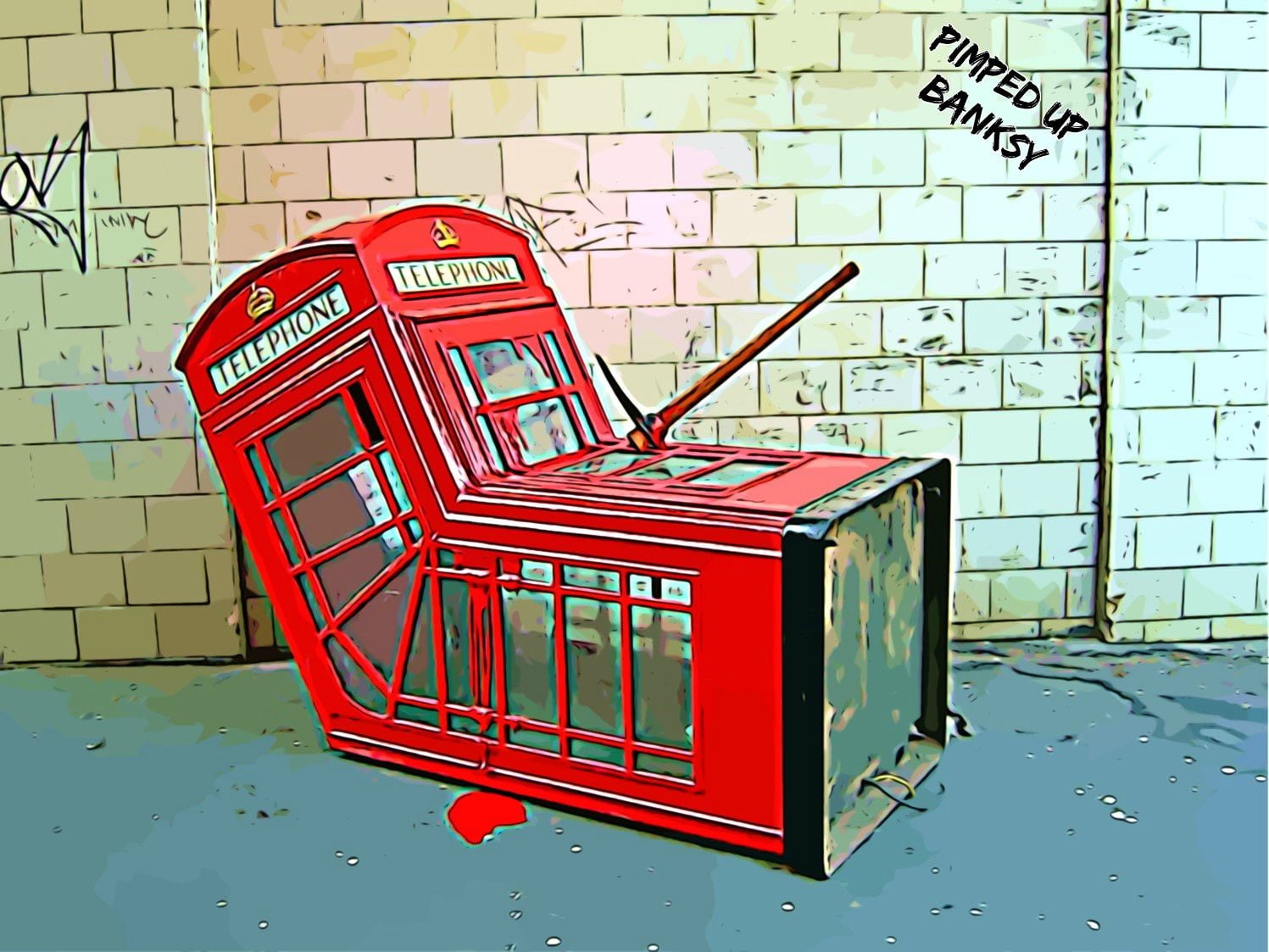 720P, phone box, day, brick wall, digital art, humor, wall - building feature, capital letter, no people, Banksy, communication, connection, western script, HD Wallpaper