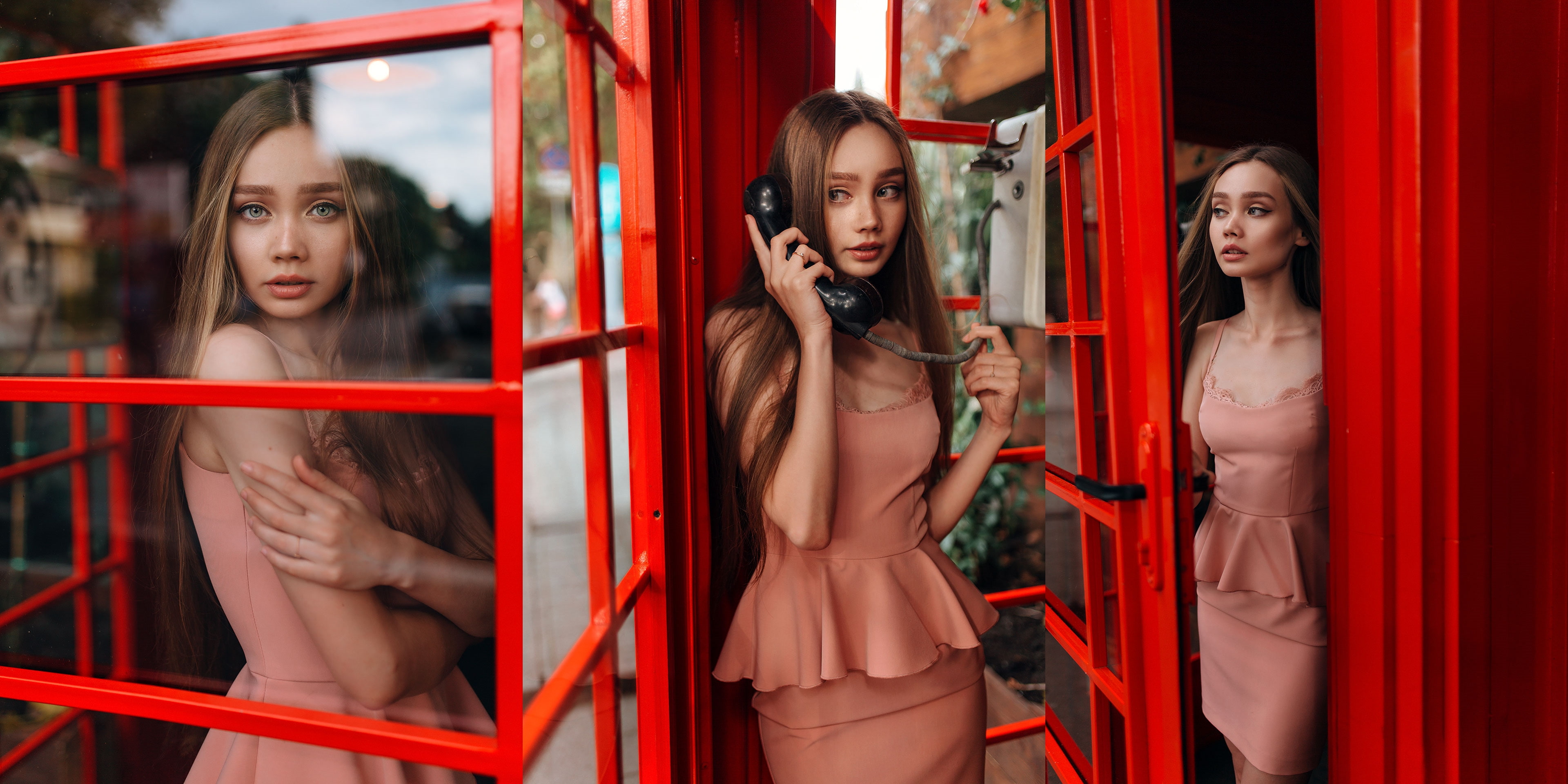 dress, looking at viewer, phone box, women, 4K, portrait, collage, long hair, arms crossed, model, HD Wallpaper