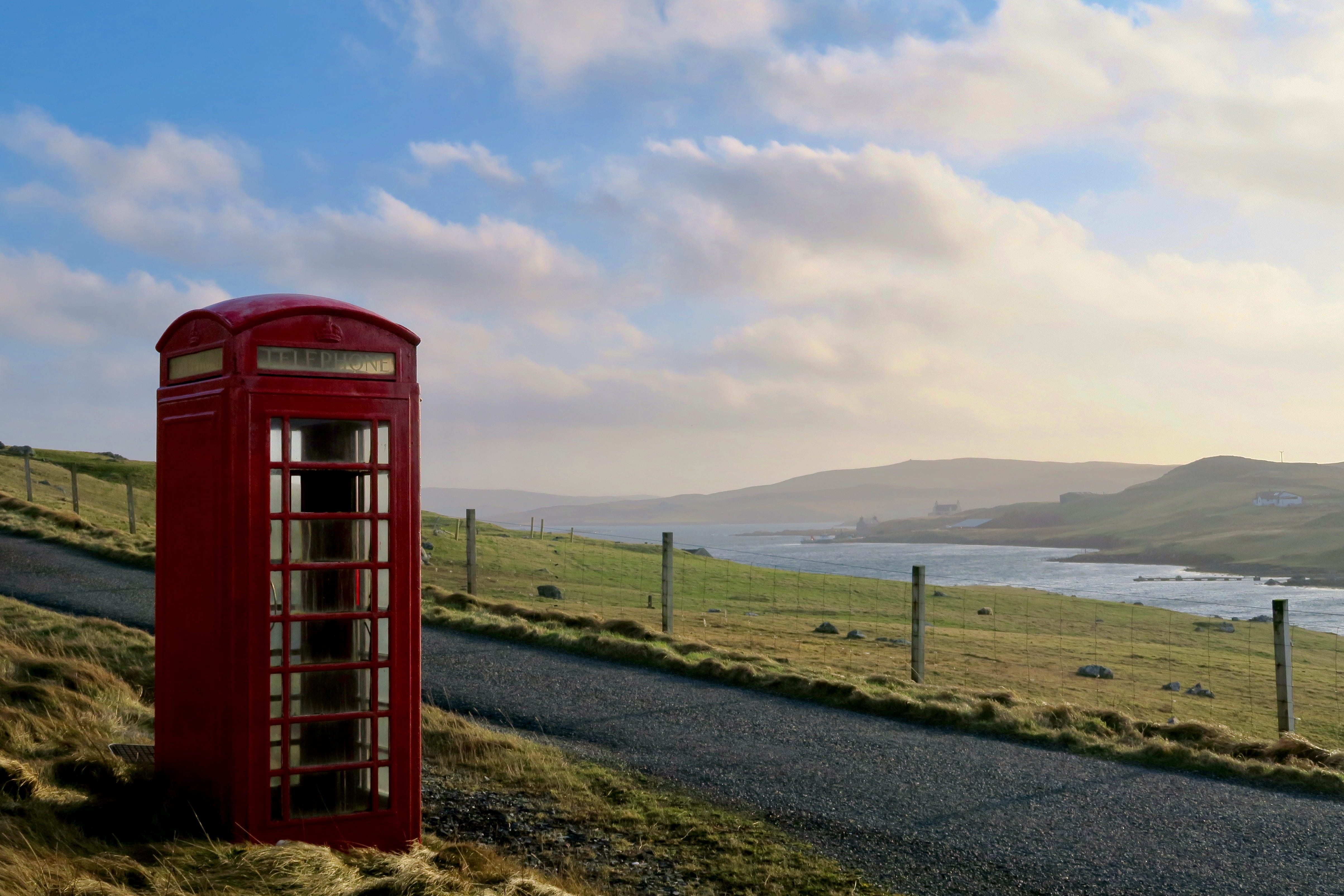 scenics - nature, scotland, nature, beauty in nature, cloud - sky, road, landscape, telephone booth, atmosphere, no people, field, technology, grass, sky, HD Wallpaper