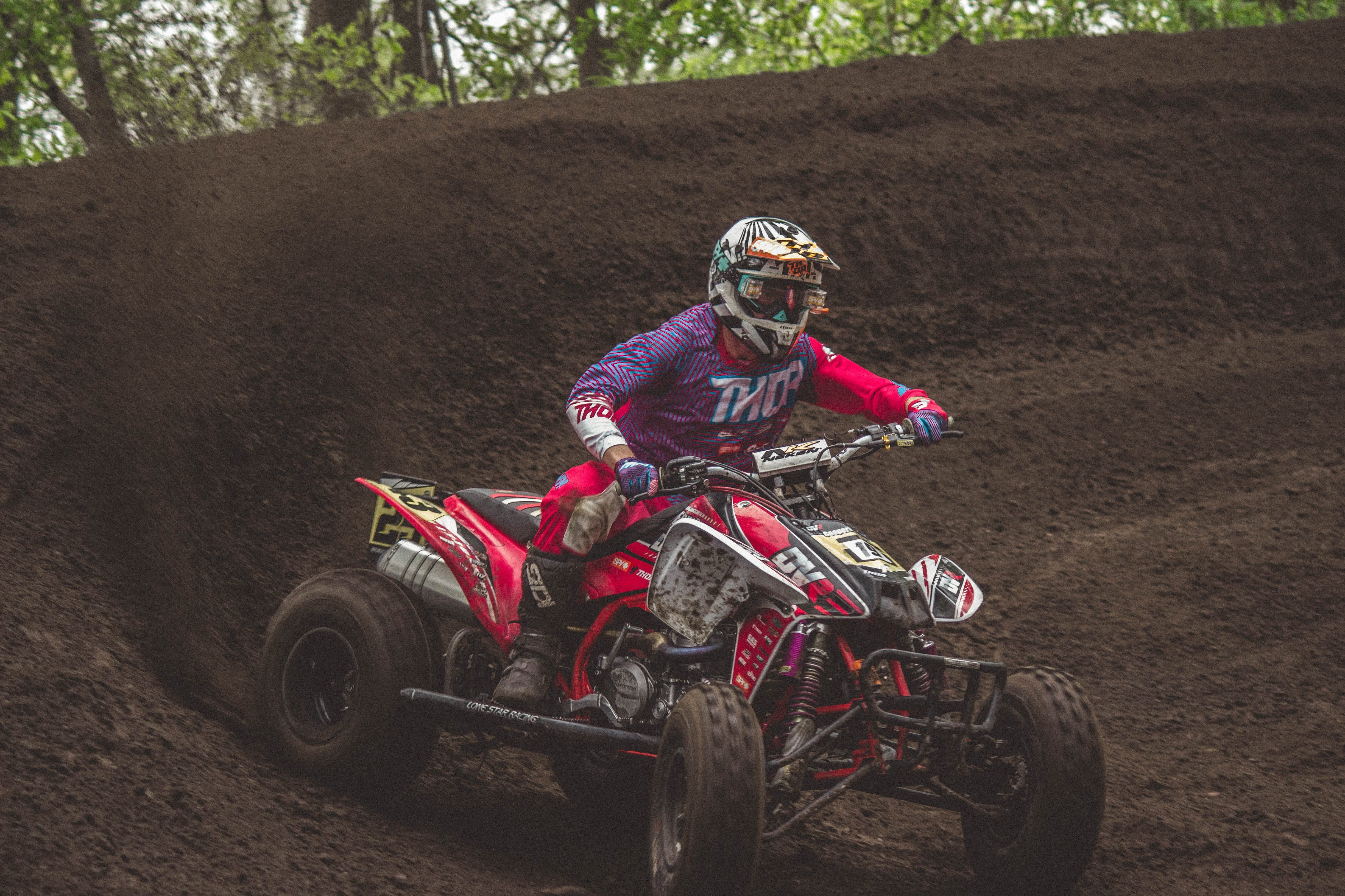 human, man, nature, atv, wheelspin, bike, motorcycle, land, looking at camera, headwear, person, day, one person, front view, quad, sports helmet, leisure activity, HD Wallpaper
