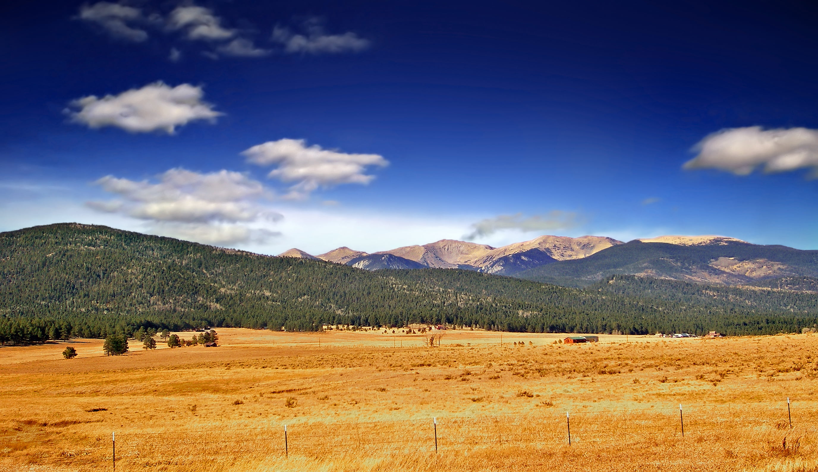 driving, mountain, bright light, Sangre de Cristo Mountains, landscape, clouds, creative commons, field, Eagle Nest, autumn, rural, sky, meadow, New Mexico, HD Wallpaper
