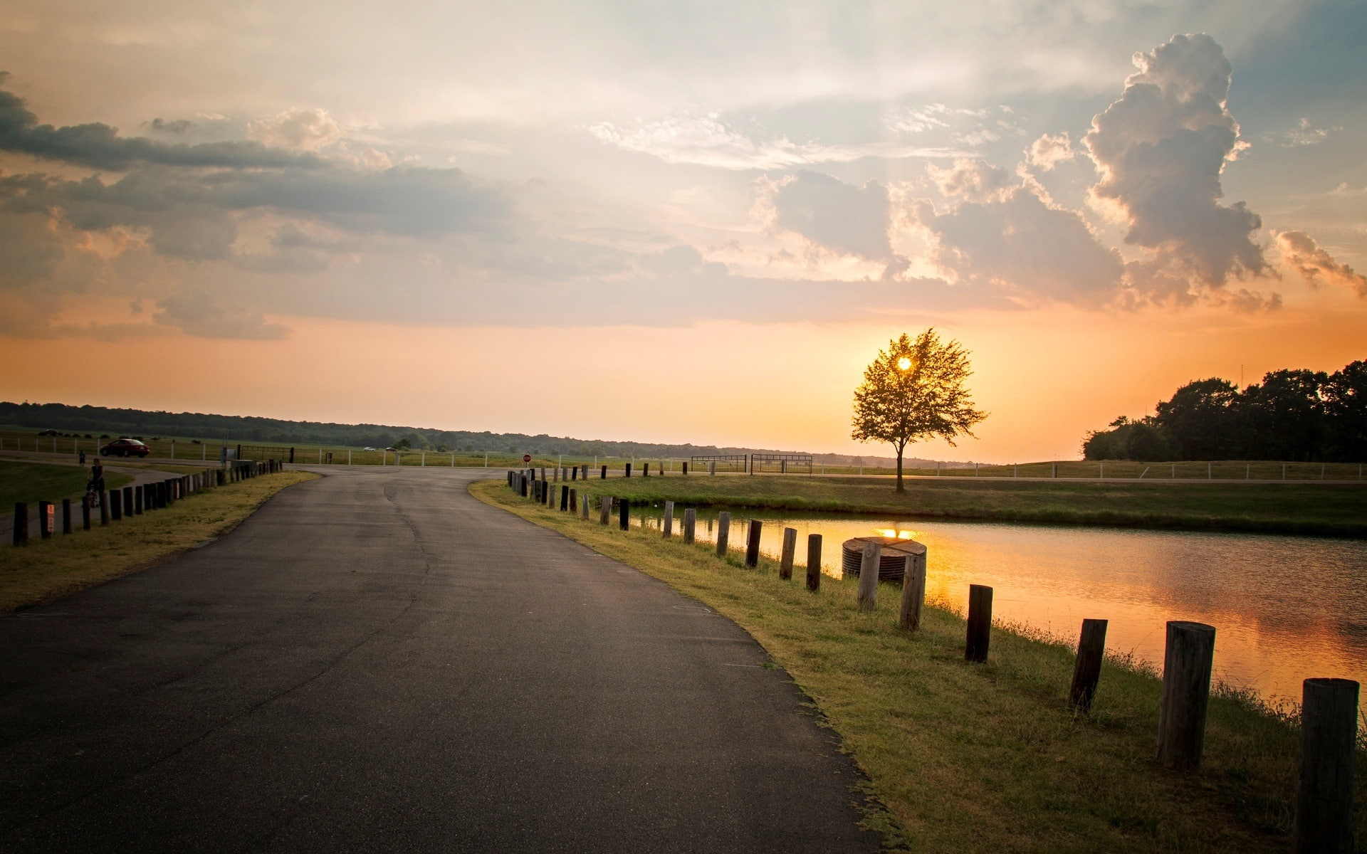 Road, grass, highway, Clouds, Sunset, Fence, 1080P, Landscape, Tree, field, River, green, Sky, Nature, HD Wallpaper